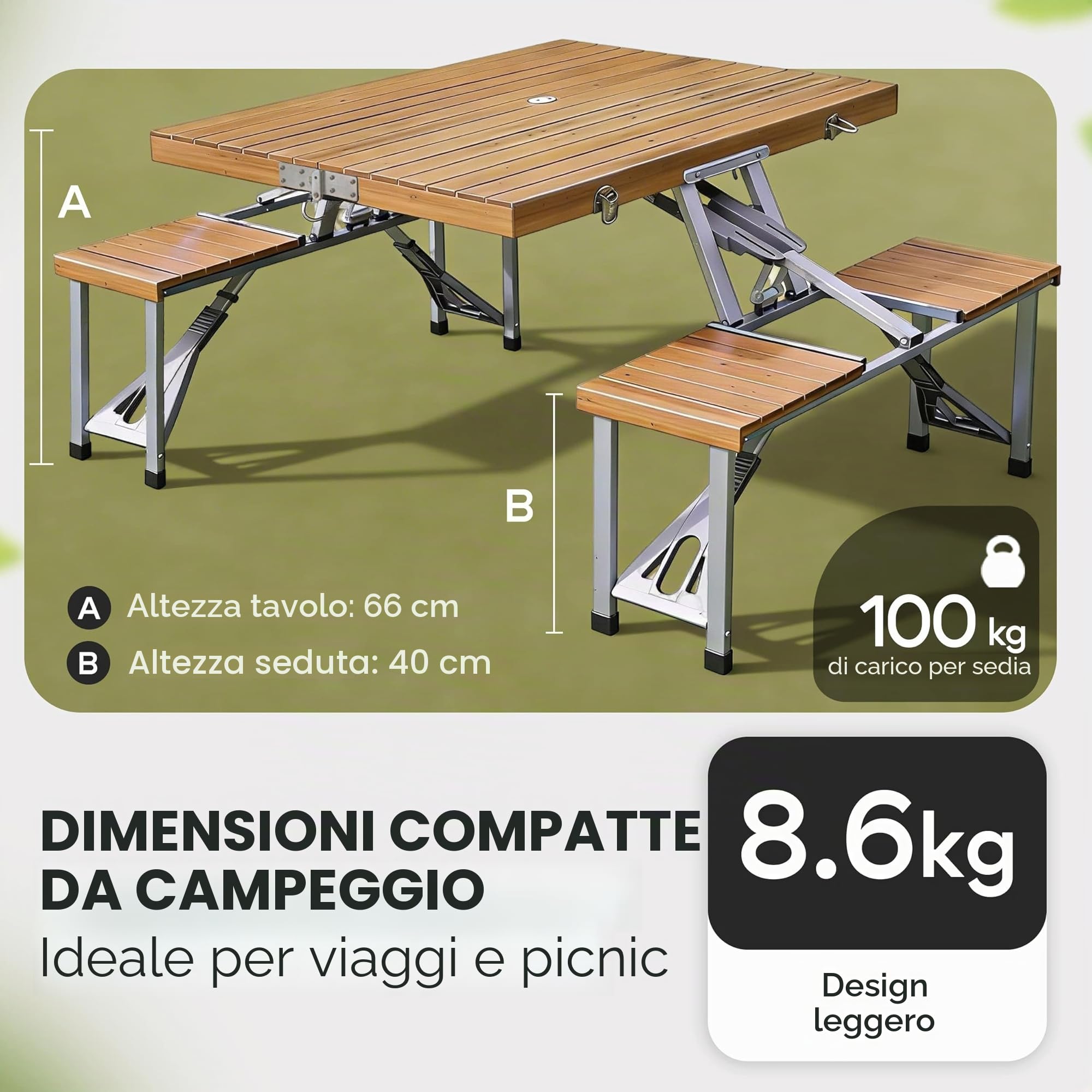 Deuba Casaria Tavolo Pieghevole con 2 Panche Set da Campeggio Picnic Portatile a Valigetta in Alluminio con Foro Ombrellone Maniglia per Trasporto 4 Posti Mare Spiaggia