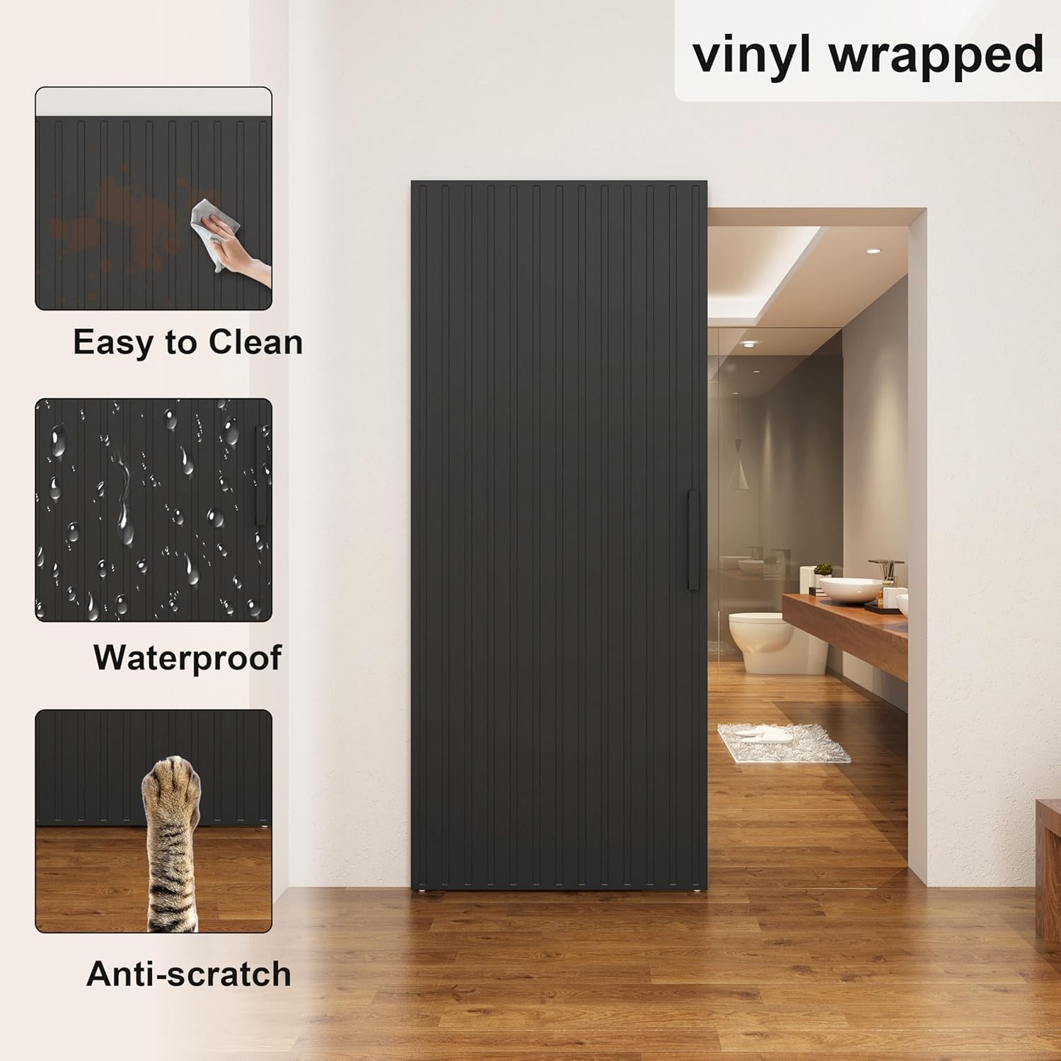 BARNSMITH 32"x86" Concealed Sliding Barn Door with Soft Close Mechanism, Black Hidden Barn Door, Waterproof Vinyl Wrapped, Fits Opening Width 24"-28", Widely Used