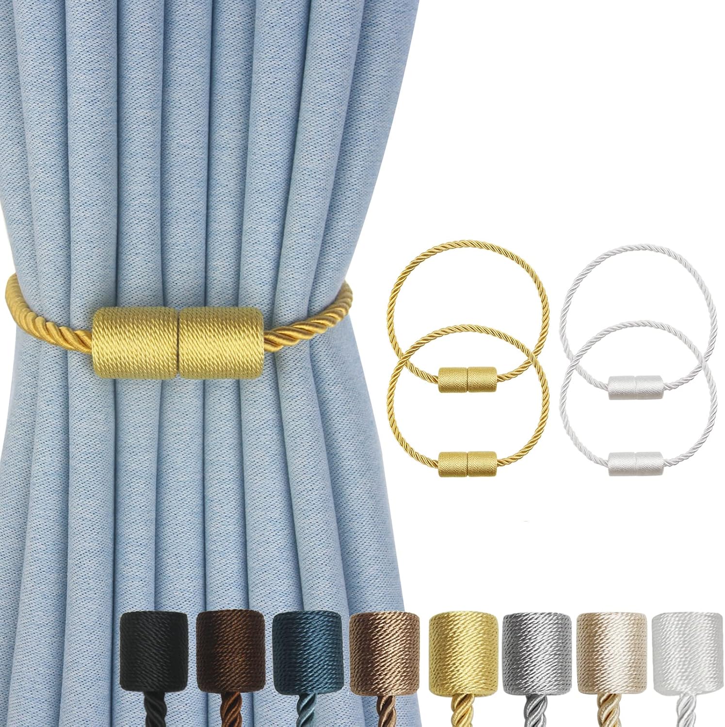 Mttieey Magnetic Curtain Tiebacks 4 Pack Curtain Rope Tieback Modern Handmade Tie Backs Decorative Curtain Holdbacks for Drapes Gold White