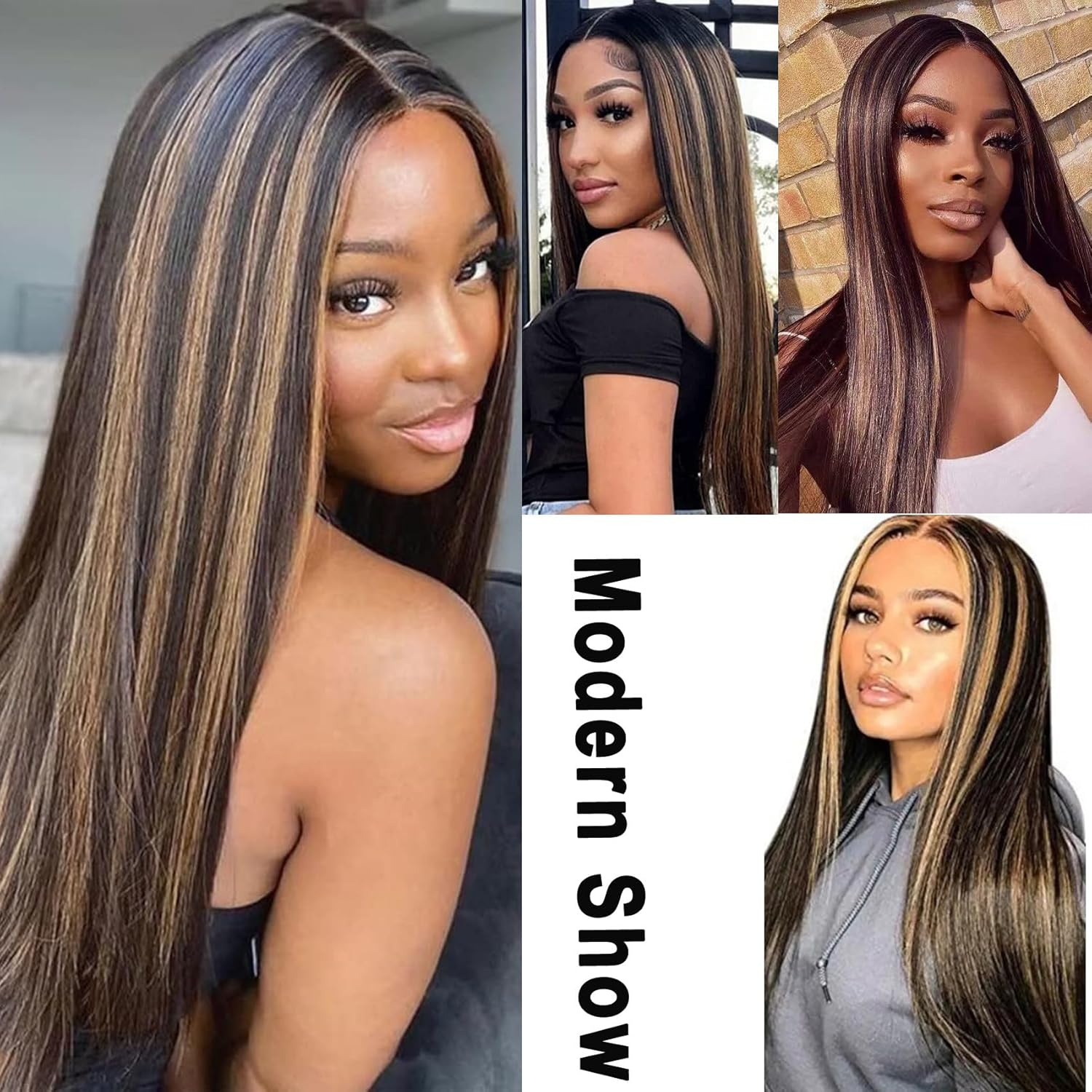 28 Inch Straight Synthetic Wig Long Blonde Brown With Highlights Middle Part Glueless Lace Front Wigs for Women Natural Looking for Party and Daily Use (Straight Wig Brown Mixed Blonde)