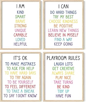 PACKLIST Set of 4 Playroom Wall Art Prints - 8x10" Unframed Kids Room Decor Posters - Inspirational Quotes & Affirmations - 250GSM Rainbow Nursery Decor