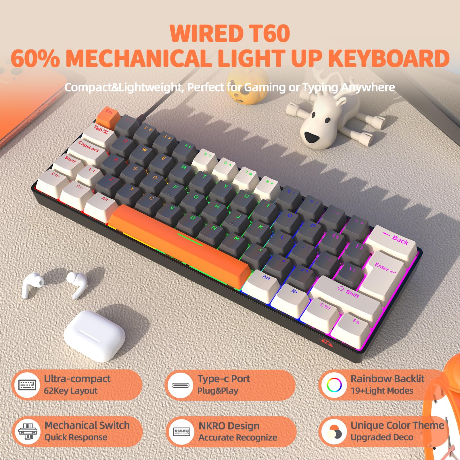 YINDIAO T8 Tastiera da Gioco Meccanica al 60%,68 Tasti TKL Mini