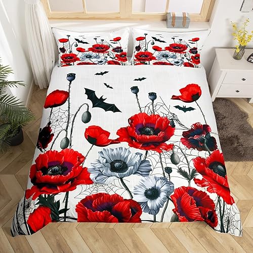 Juego de ropa de cama de flores de amapola para Halloween, funda de edredón (sin edredón), juego para niñas, adolescentes, murciélago, araña,