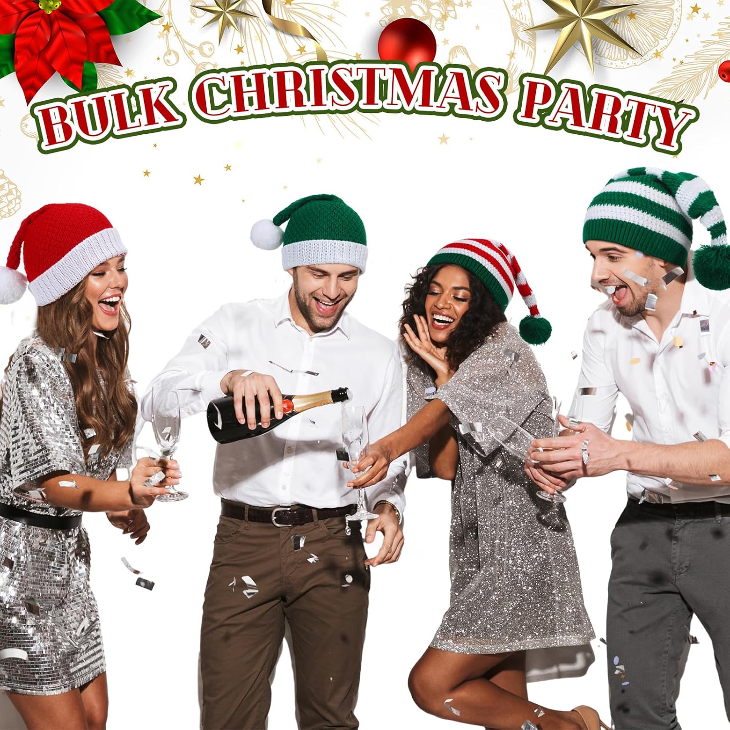 Funtery 10 Pcs Christmas Elf Hat Knitted Santa Hats Bulk for Women Adult Crochet Beanies Holiday party Supplies - Image 5