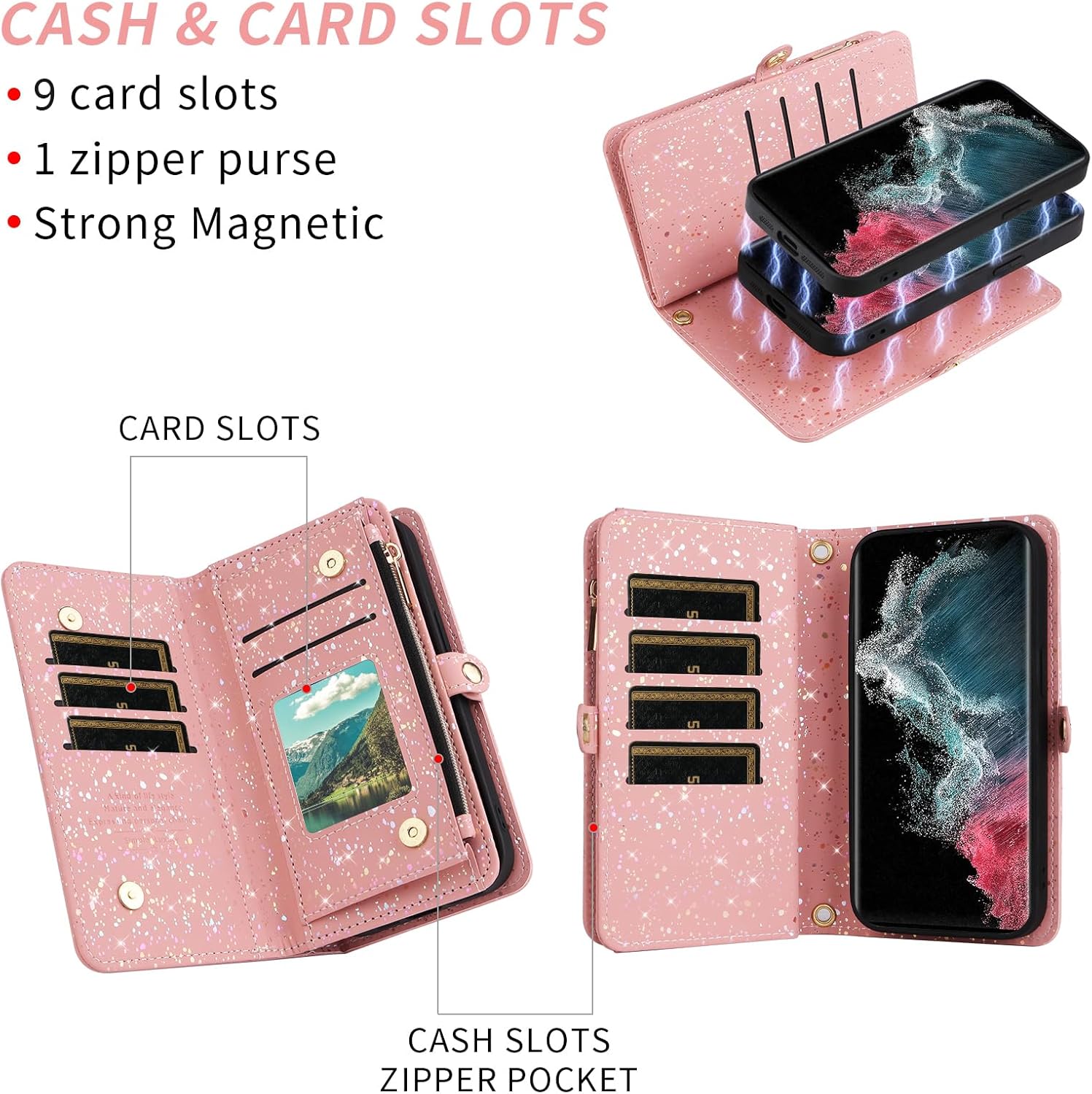 Asuwish Phone Case for Samsung Galaxy S22 Ultra 5G Zipper Wallet Magnetic Detachable Cover with Screen Protector and Glitter Card Holder Stand Cell S22ultra 22S S 22 S22ultra5g 6.8 Women Men Pink