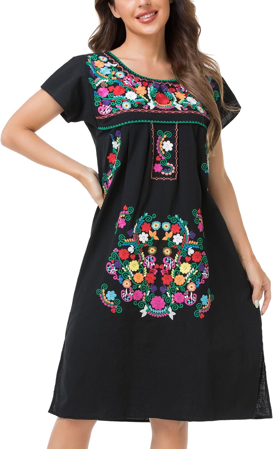 YZXDORWJ Women Mexican Embroidered Long Dress Ruffle Collar Maxi Boho Floral Summer Short Sleeve