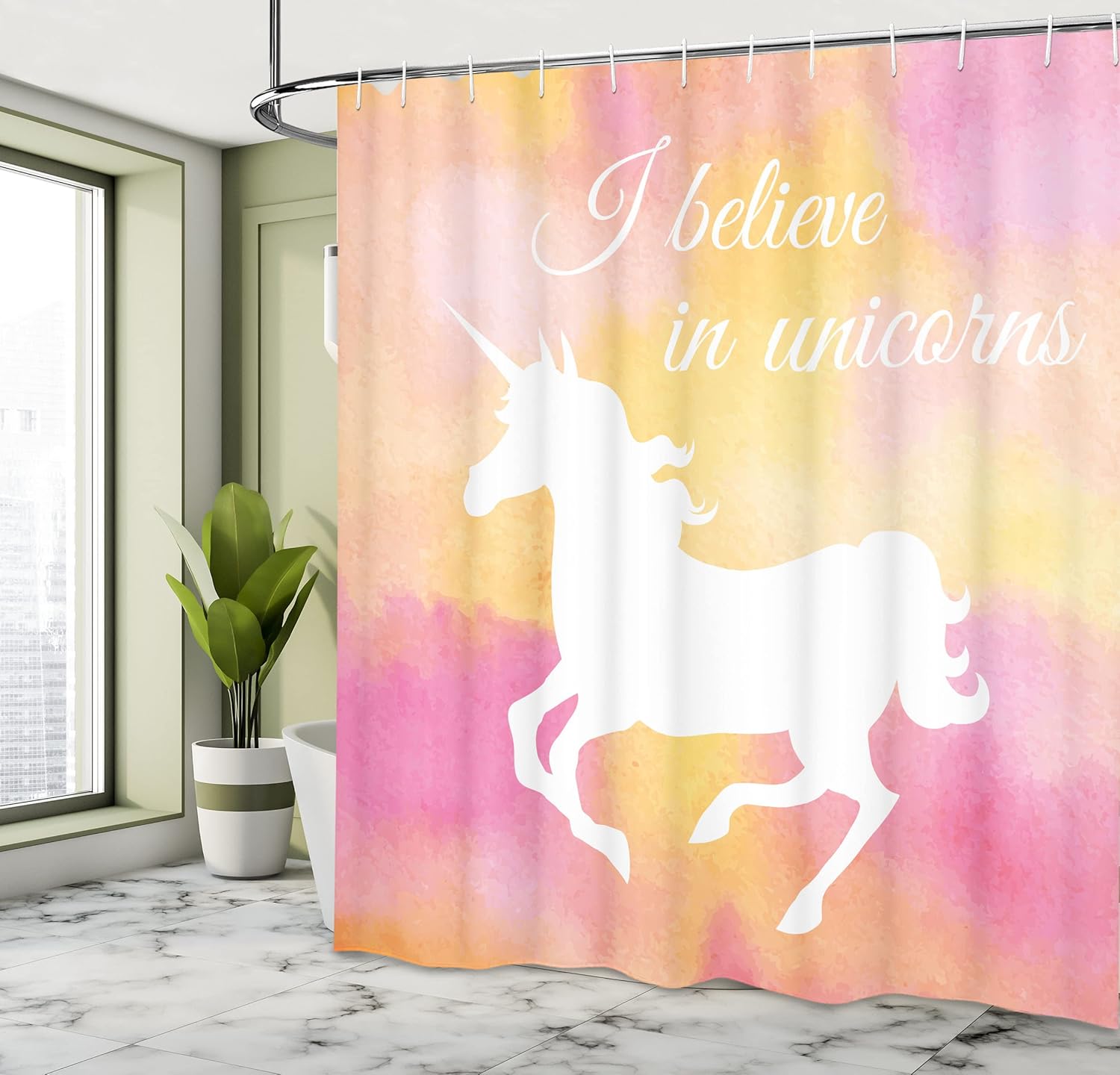 Ambesonne Unicorn Shower Curtain, Silhouette of Unicorn Blurry Purity and Grace Believe in Unicorns Sign Image, Cloth Fabric Bathroom Decor Set with Hooks, 69" W x 84" L, Pink Yellow