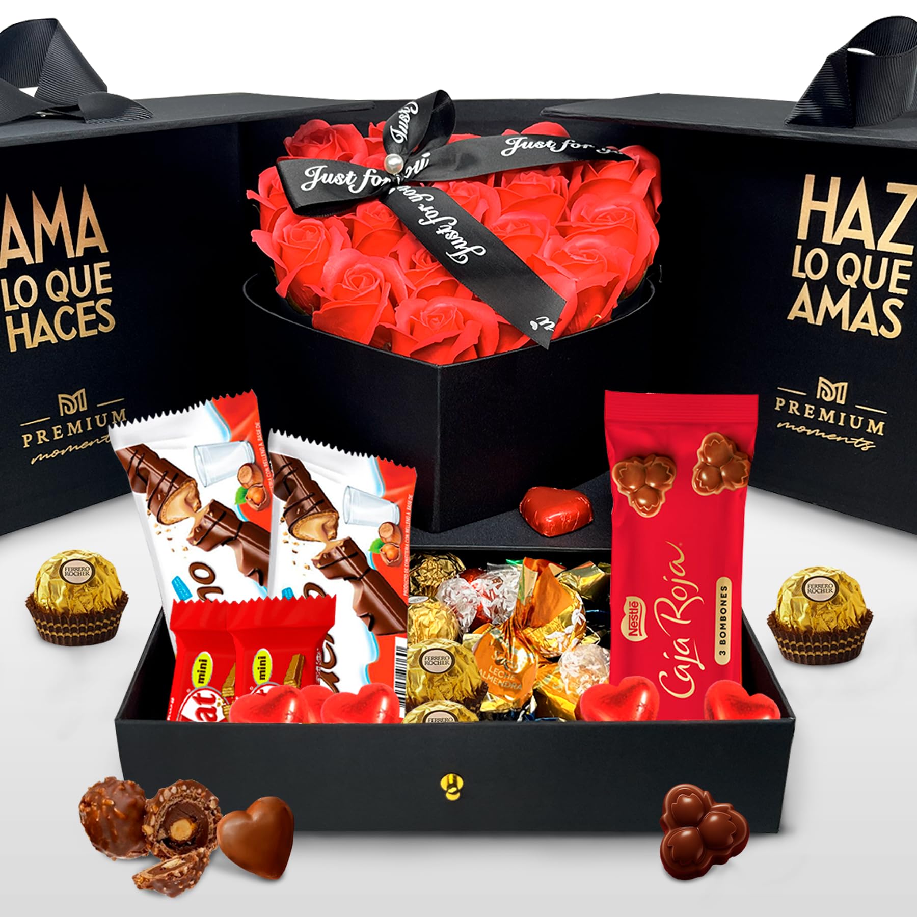Coffret Écrin Premium de Saint-Valentin · Cadeau Deluxe avec 18 Roses Parfumées et plus de 36 Chocolats Ferrero Rocher, Lindt Lindor, Caja Roja, Cœurs en Chocolat, Kinder Bueno et plus · Écrin Réutili