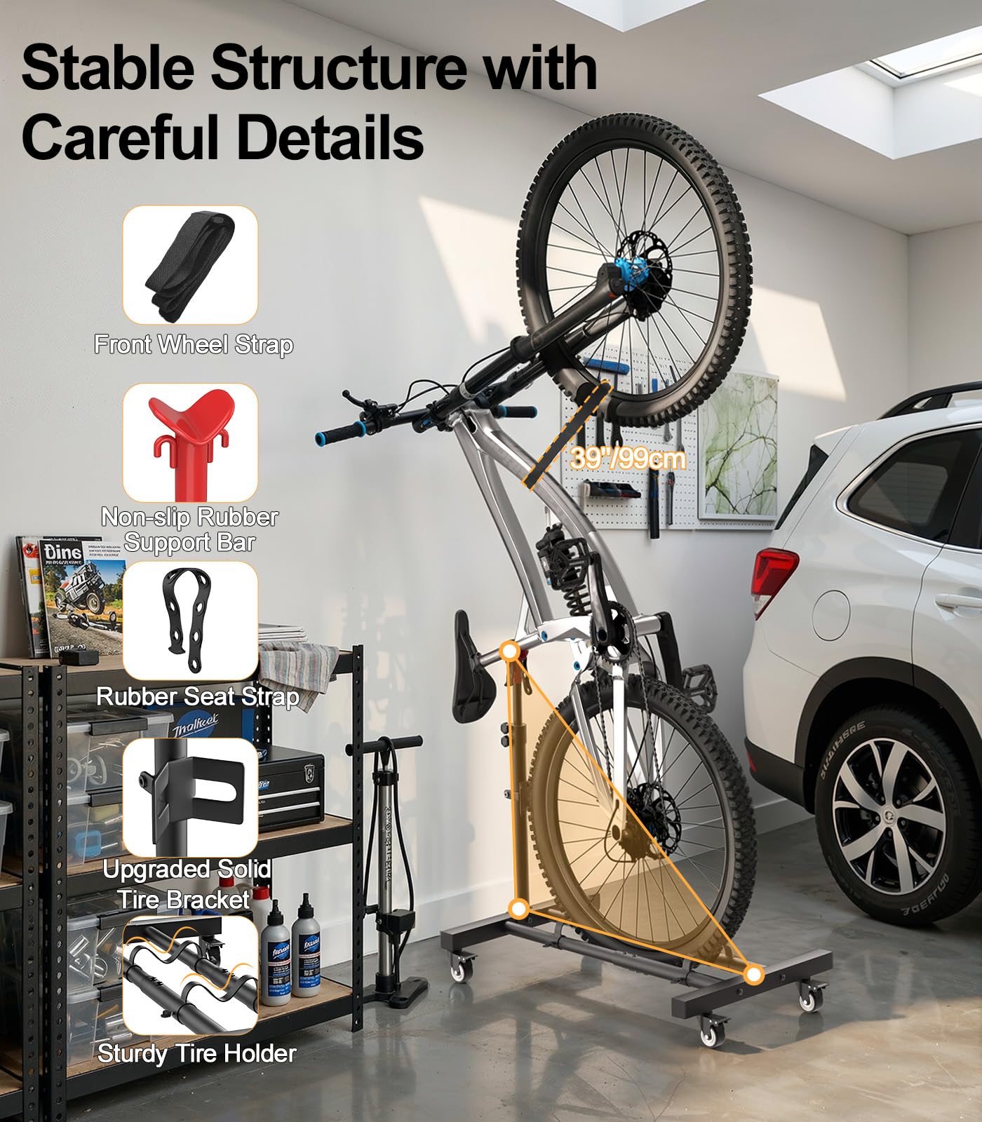 Housolution Soporte Vertical para Bicicleta con Ruedas 360°, 2 Unidad | Hasta 29 Pulgadas,Ajustable, Sin Perforar, 80 Libras de Resistencia, para Garage, Apartamento, MTB y Carreteras