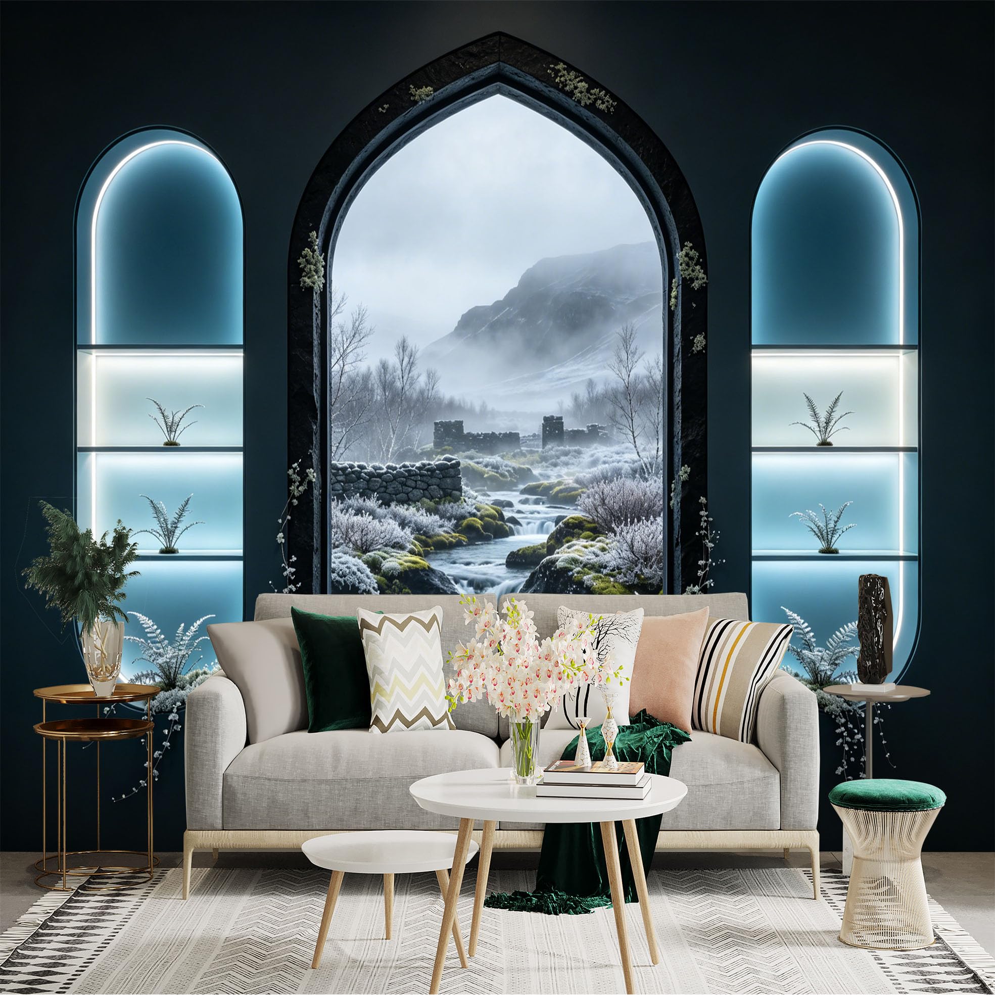 Custom Size Wall Sticker Mural， Frosty Mountain Stream with Ancient Ruins and Winter Forest View， for wall Decoration， peelandstick wall Decals.