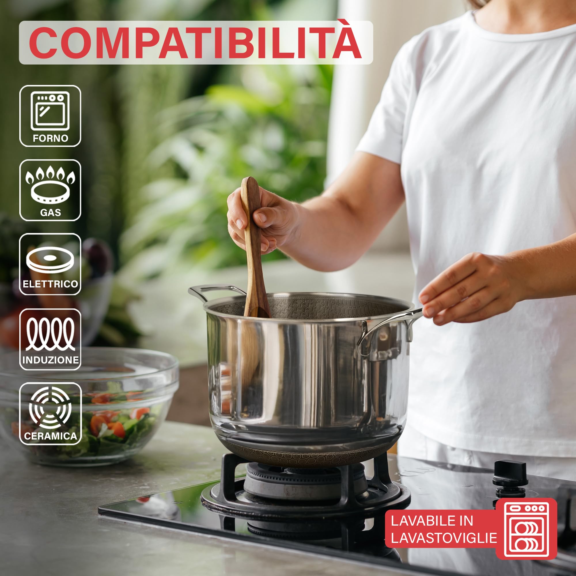 Pentola Antiaderente Triplo Strato (Acciaio Inox + Alluminio) Diametro Ø 20 cm, CON COPERCHIO, Antigraffio, NO PFOA, Per Piano Cottura Induzione, Ceramica, Elettrico, Gas, Forno