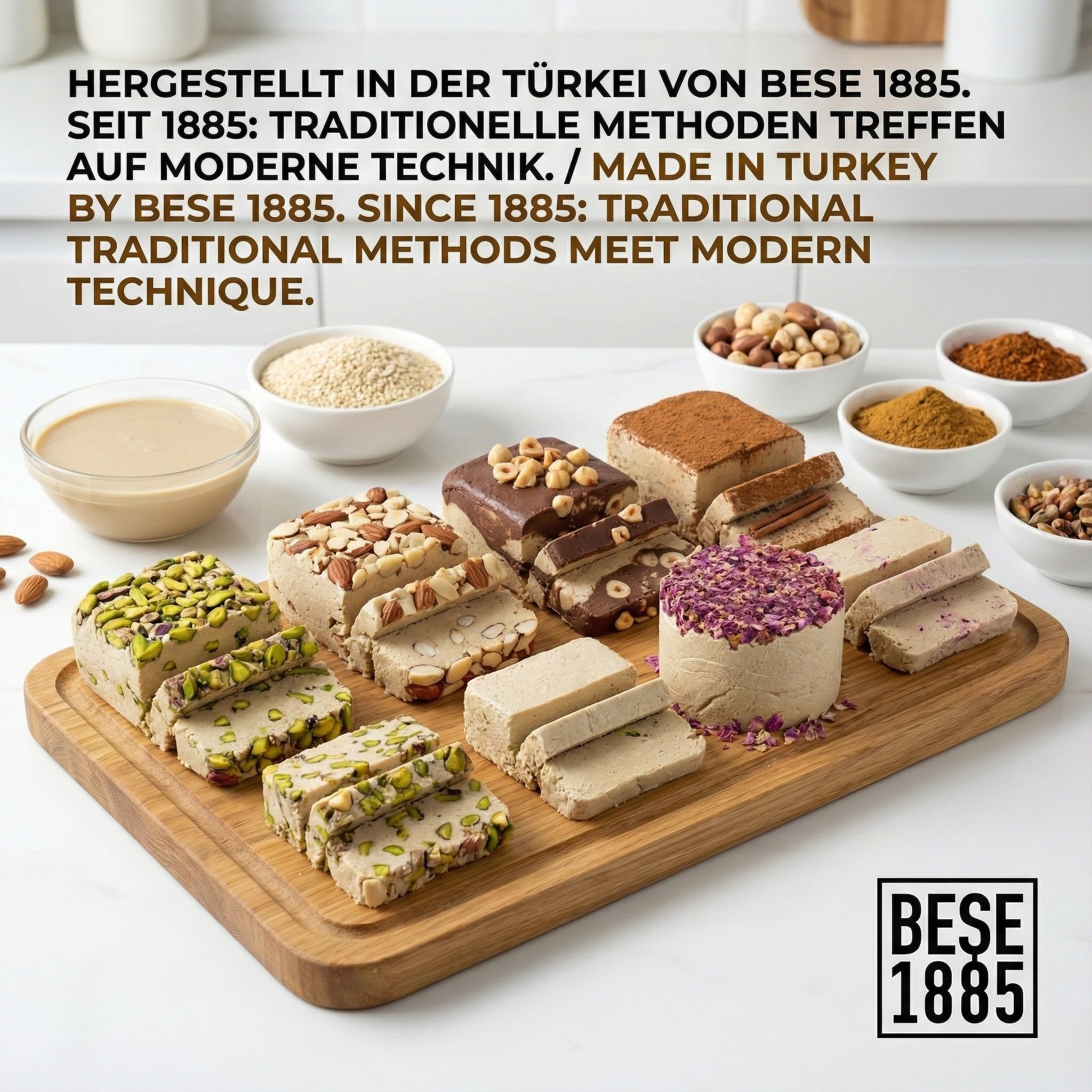 Halva de Sésamo Sin Azúcar con Extracto de Dátil 227g – Dulce Turco Natural con 60% Tahini – Sin Gluten, Sin Glucosa y Sin Aceite de Palma – [Sabor: Natural/Cacao/Pistacho] (Natural (Sin Azúcar))