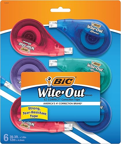 BIC Wite-Out - Cinta correctora EZ Correct, blanca, rápida, limpia y fácil de usar, cinta resistente al desgarro, 6 unidades
