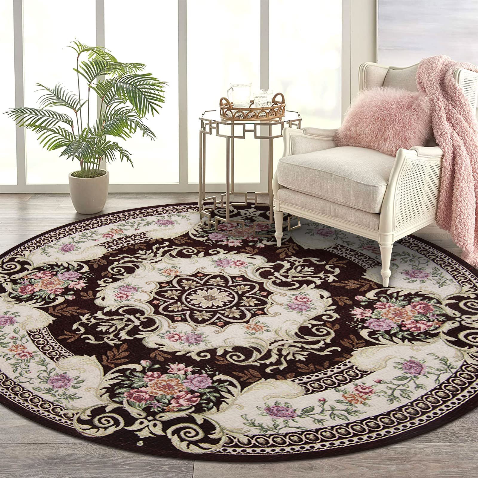 HiiARug Non-Slip Round Area Rugs 4ft Vintage Medallion Area Rug Oriental Floral Area Rug Stain Fade Resistant Traditional Rug for Living Room Bedroom Dining Room (Round 4', Brown2C)