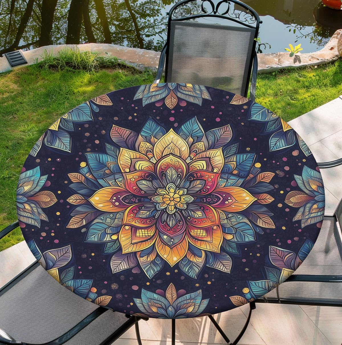 Photo 1 of Yesad Round Tablecloth Stretch Round Fitted Tablecloth with Elastic, Boho Waterproof Table Cloth for 42"-46" Round Table, 48Inch