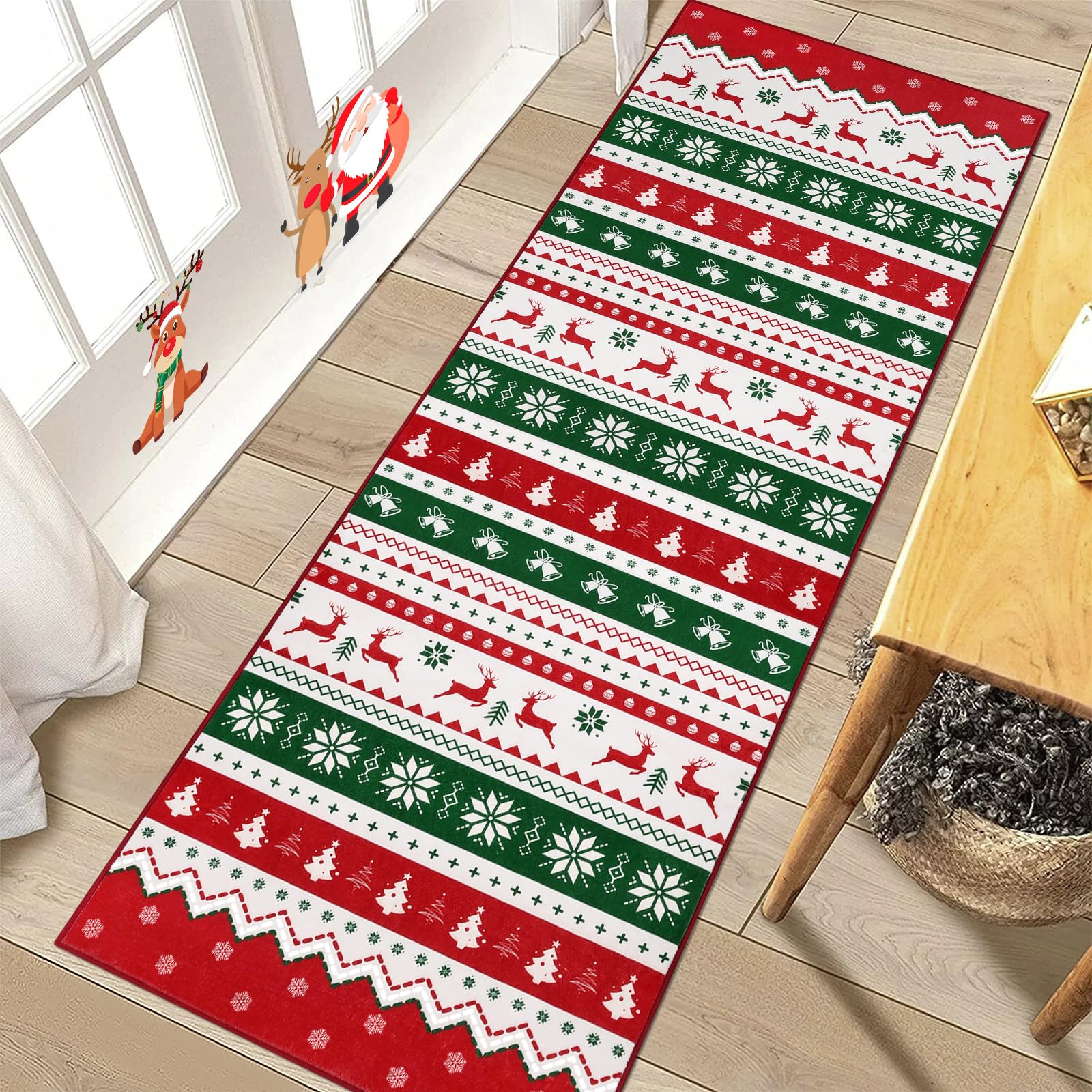U'Artlines Christmas Washable Runner Rug 2 x 6 ft Colorful Christmas Tree Deer Bell Laundry Rug Runner Non Slip Winter Soft Throw Rugs Carpet for