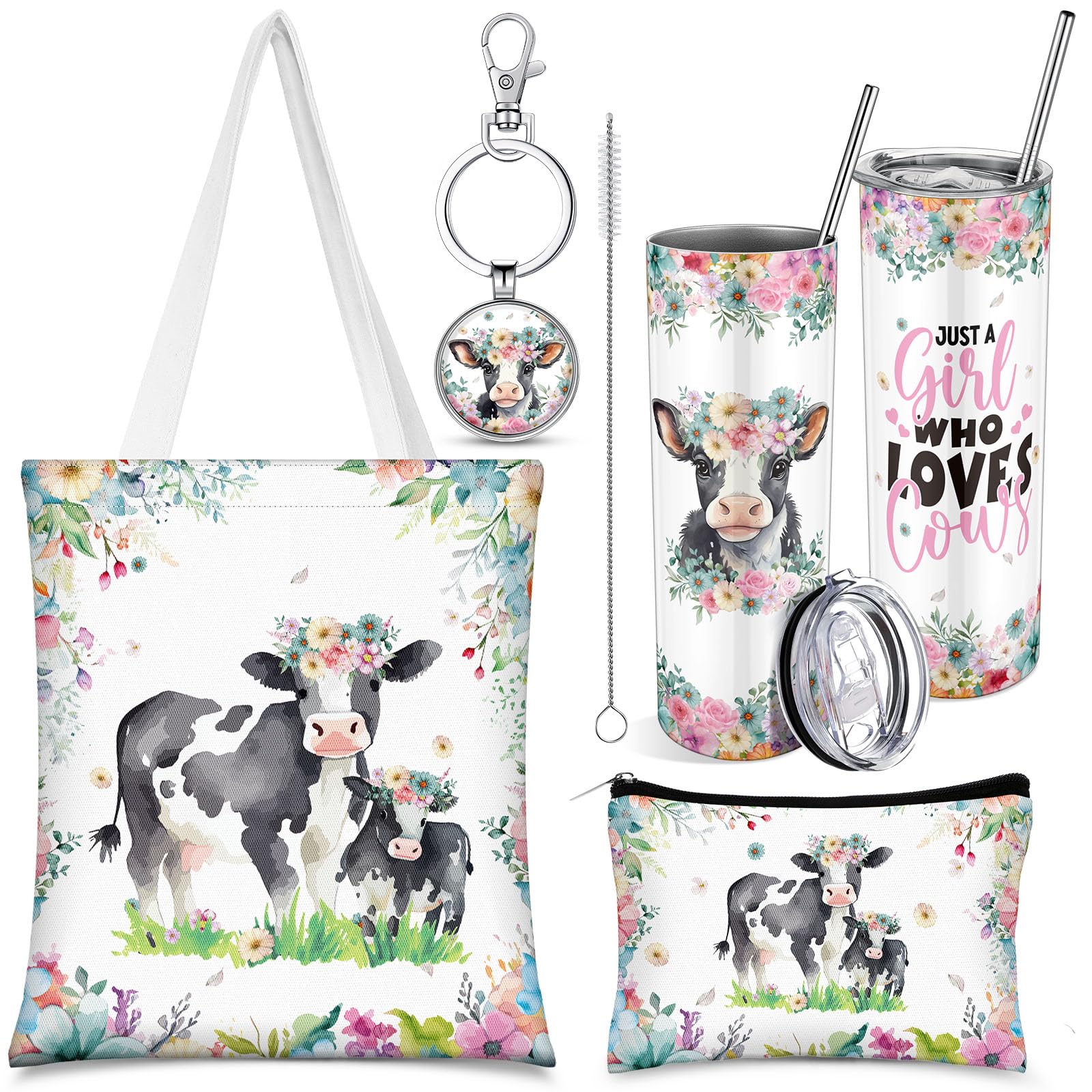 Abbylike 4 Pcs Dairy Cow Gifts: Highland Cow, Horse, Pig Animal Lover Gifts - Stainless Steel Tumbler with Straw Lid, Metal Keychain, Canvas Tote Bag,