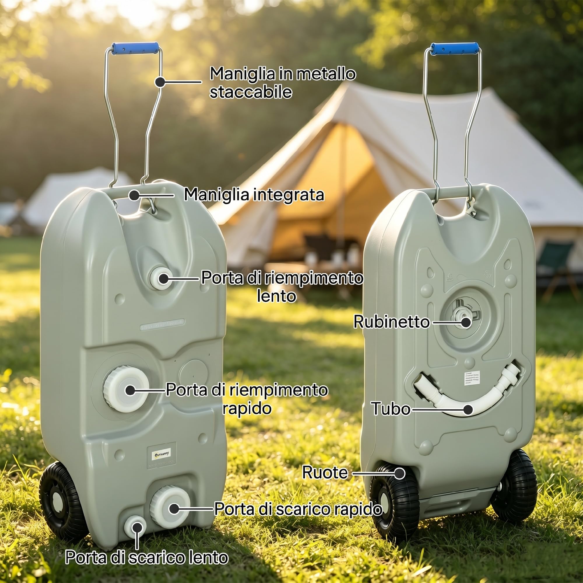 Outsunny Serbatoio Acqua 40L da Campeggio con Ruote, Tanica Acqua Reflue per Camper e Roulotte con Maniglia Regolabile, Tubo e Rubinetto Inclusi, Grigio