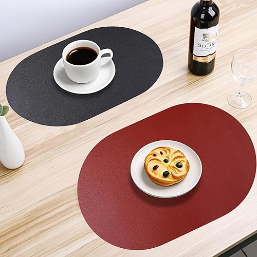 Miniatura 4 de Juego de 6 manteles individuales ovalados reversibles de piel sintética negra y roja, impermeables, resistentes al calor, antideslizantes, lavables,