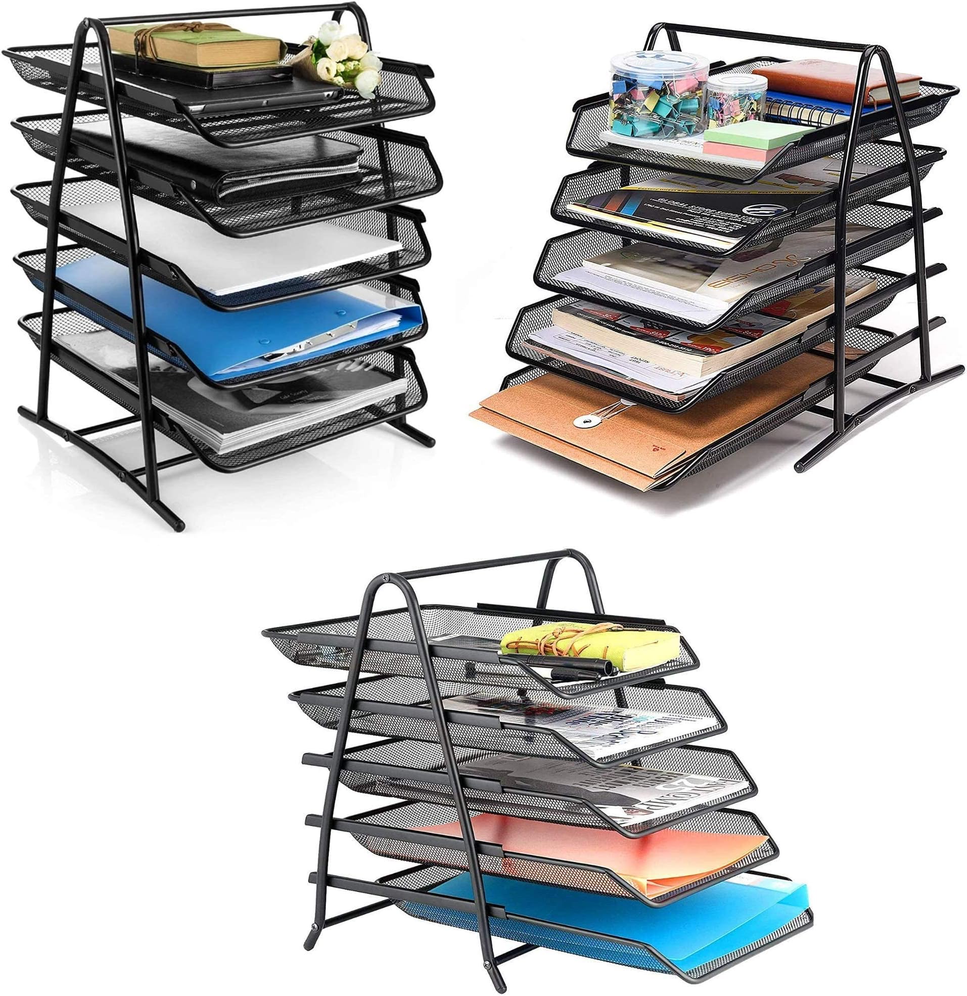 VeleSolv 5-Layer Metal Mesh 5 Tier Tray & File Organizer – Vertical Desktop Document Rack with Step Shelf Design, Black (5 Tier Tray - Pack of 3)