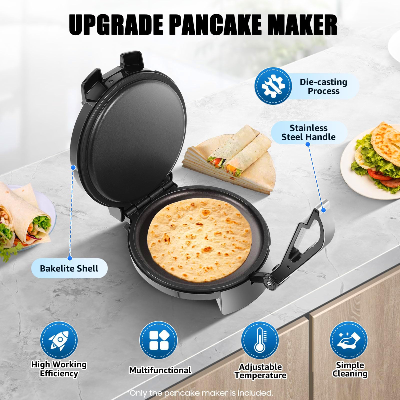 Roti Maker électrique avec chauffage double face, revêtement antiadhésif, thermostat réglable pour crêpes et pains plats