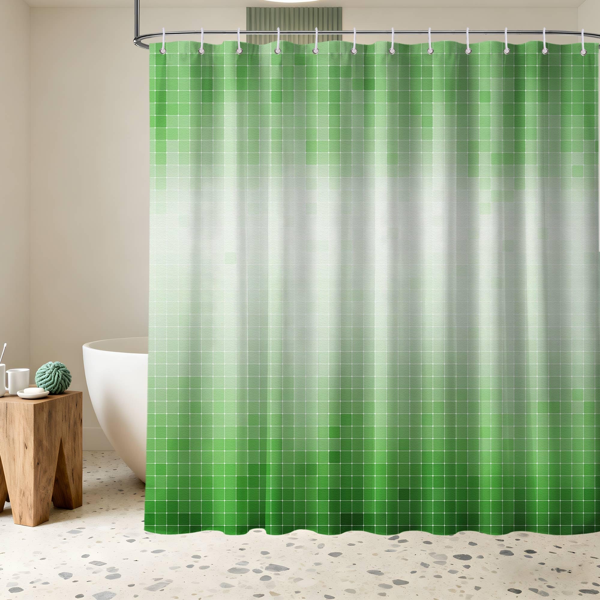 LanZanthic Green Mosaic Modern Shower Curtains for Bathroom Abstrct Geometric Wet Room Shower Curtain with hooks, Mould Proof Resistant, Waterproof, Washable, Fabric, 180 x 240 cm