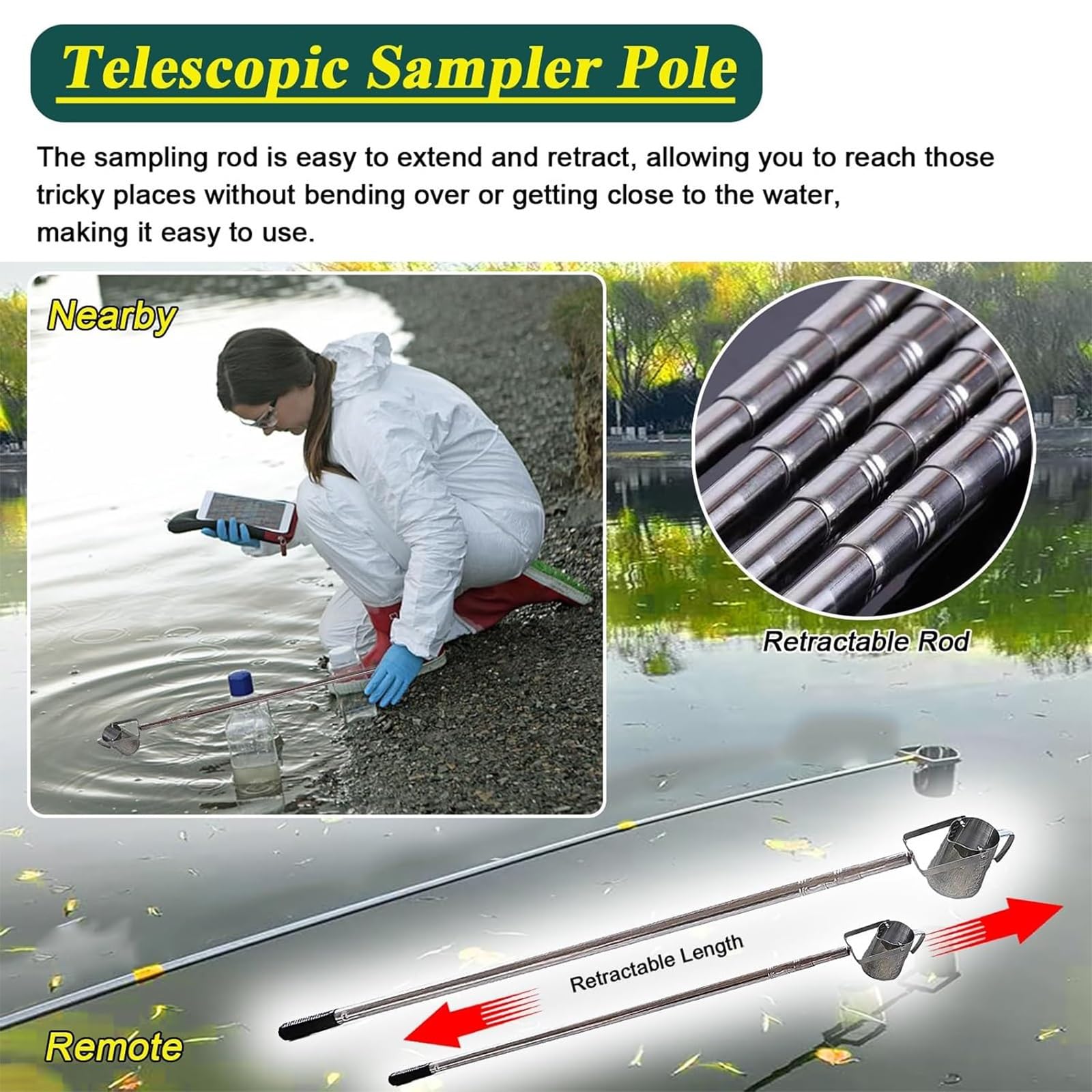 Teles - Campionatore d'acqua in acciaio inossidabile, palo portatile per campionamento di liquidi con beccuccio graduato, tazza a pendolo da 500 ml per stagno, fiume, serbatoio (1-2,5 m)