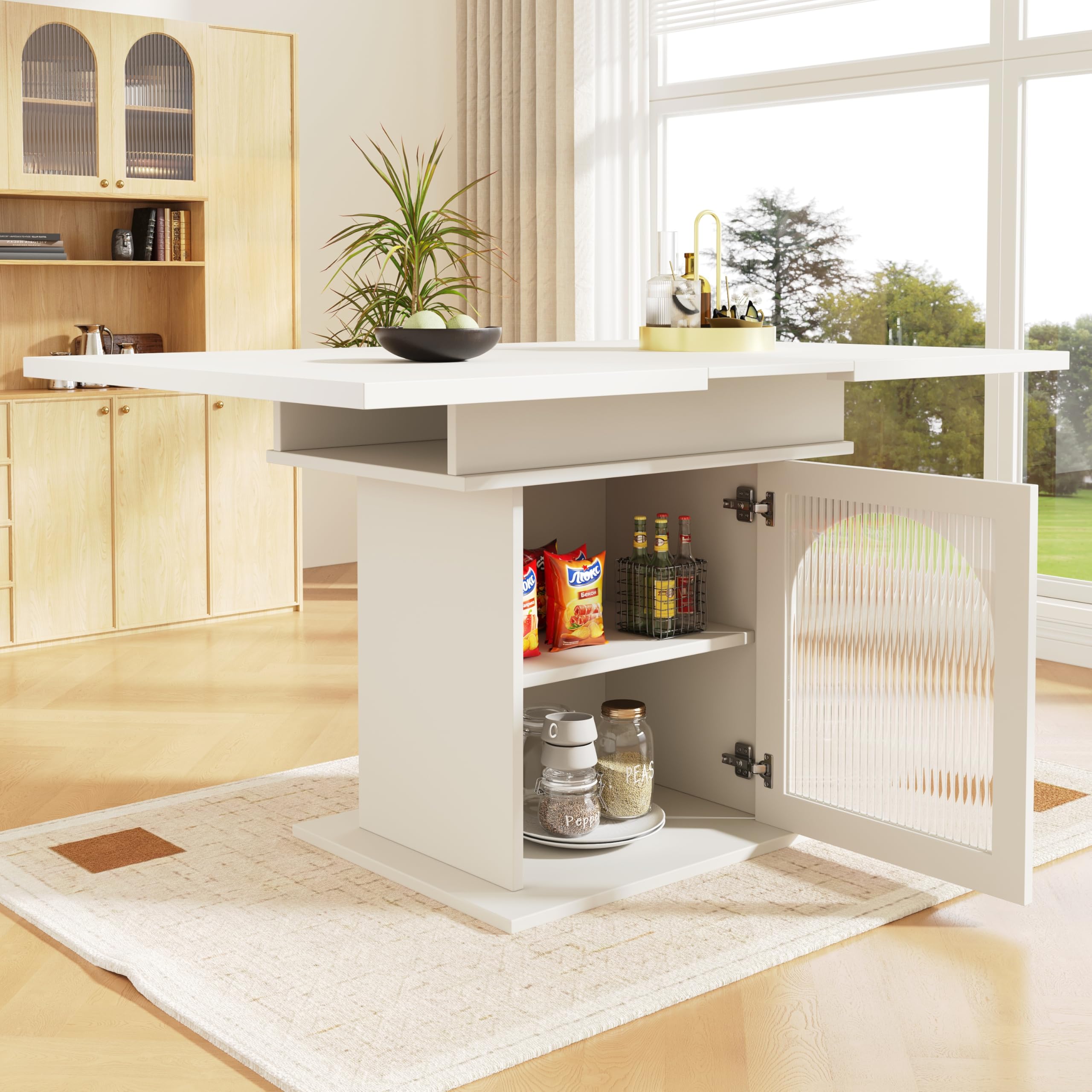Tavolo da pranzo allungabile, 110/140 cm, 3 ripiani, ante in vetro, bianco, salvaspazio, cucina, soggiorno, moderno