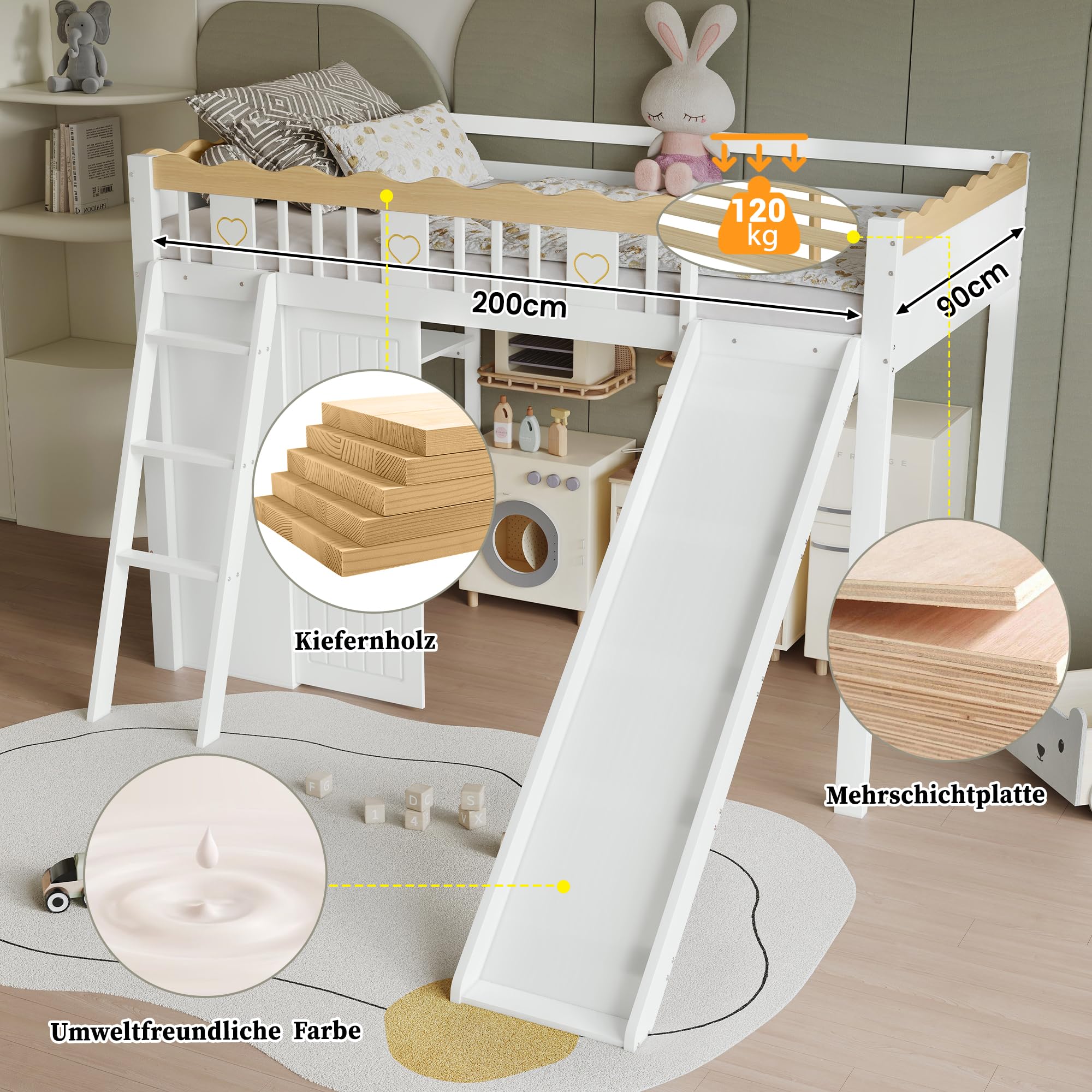 Azkoeesy Letto a Soppalco per Bambini con Scivolo, Scala Inclinata, Armadio, Mensole Librarie Integrate, Parapetto di Sicurezza Ondulato, in Pino Massiccio, Bianco, 90x200 cm