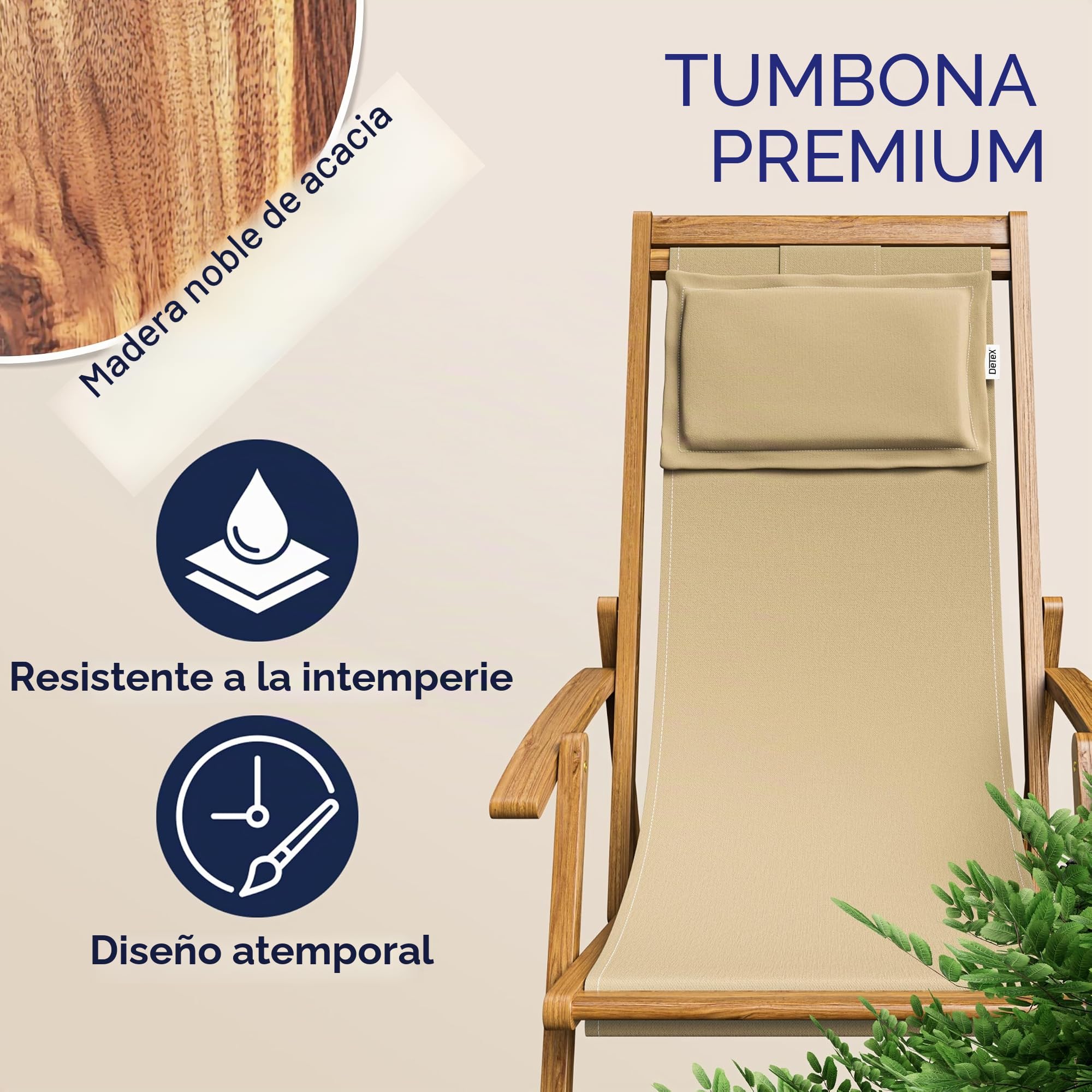 CASARIA® Tumbona Silla de Madera de Acacia Plegable 3 Posiciones Carga 160KG 94x94x60cm Sillas Jardín Playa Transpirable Hamaca Mueble Camping Exterior Beige Reposabrazos
