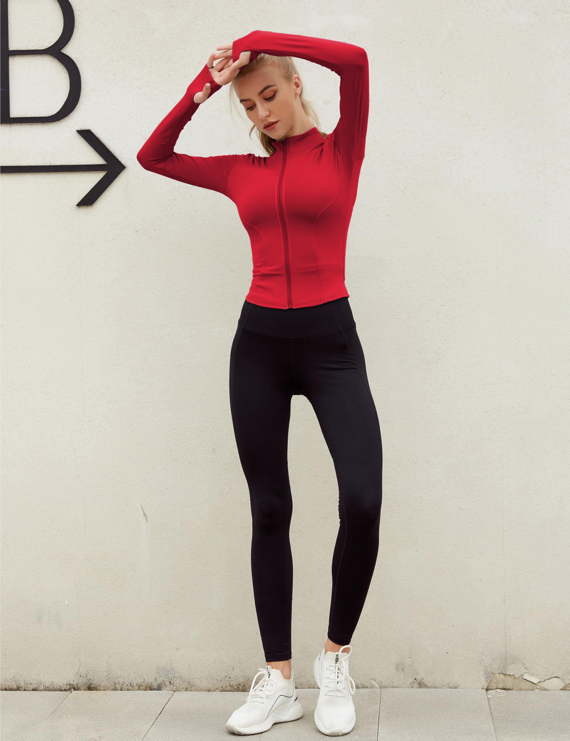 Lviefent Womens Lightweight Full Zip Running Track Jacket Workout Slim Fit Yoga Sportwear with Thumb Holes: Large Deepred