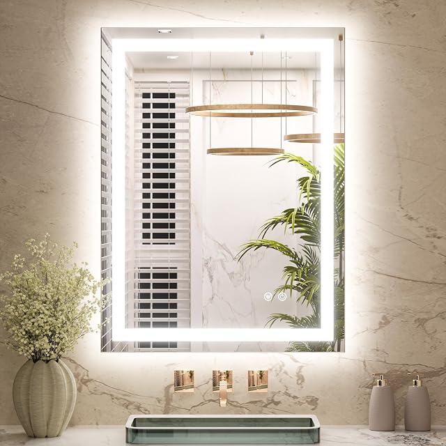 Keonjinn 24x32 Inch LED Bathroom Mirror with Light Frontlit Backlit Lighted Mirrors for Bathroom Wall with Dimmable 3-Color
