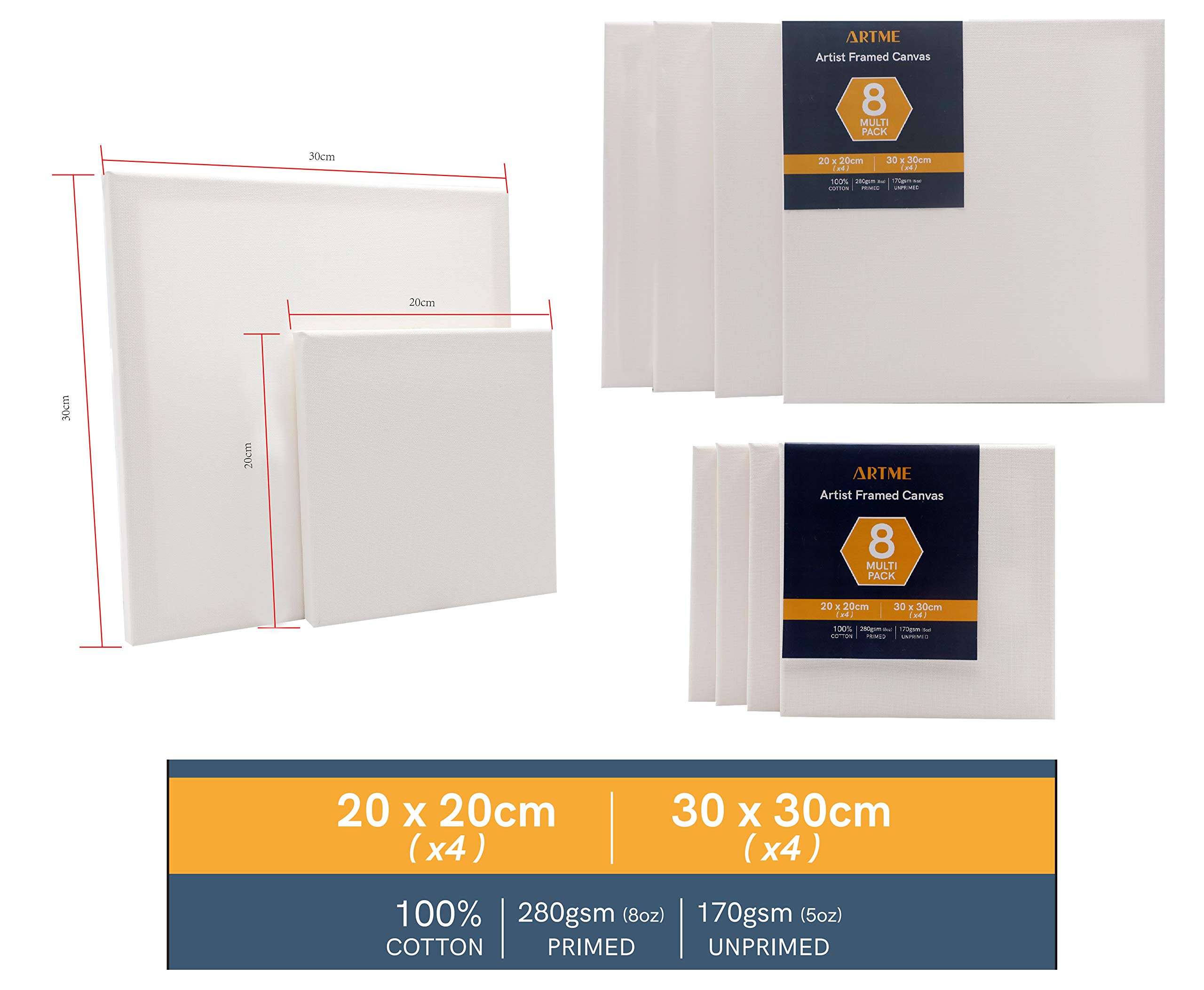 Set 8 Tele Intelaiate Artme - 24x30cm E 30x40cm, Cotone 280GSM, Per Olio E Acrilico