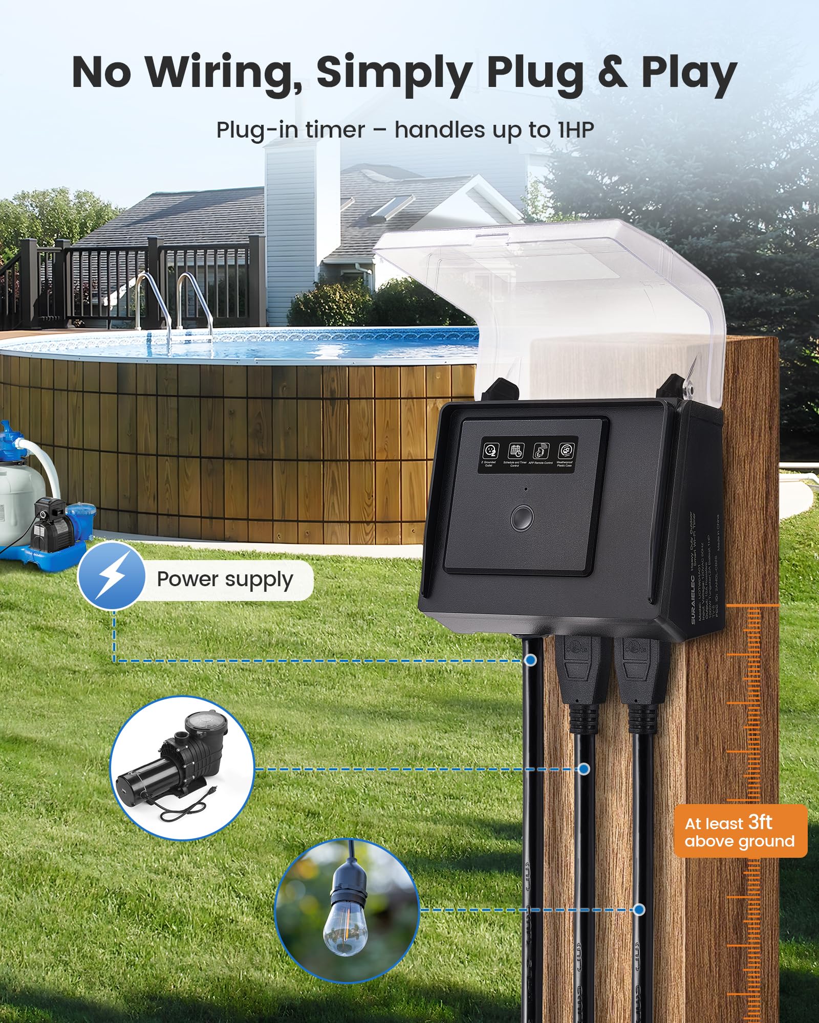 SURAIELEC WiFi Pool Timer for Above-Ground Pools, NEMA 5-15R Plug-in Timer with Dual Outlets, 15A 125V 1HP, Weatherproof PC Cover, Ideal for Pool Pumps, Filters, Lights and Salt Chlorination Systems