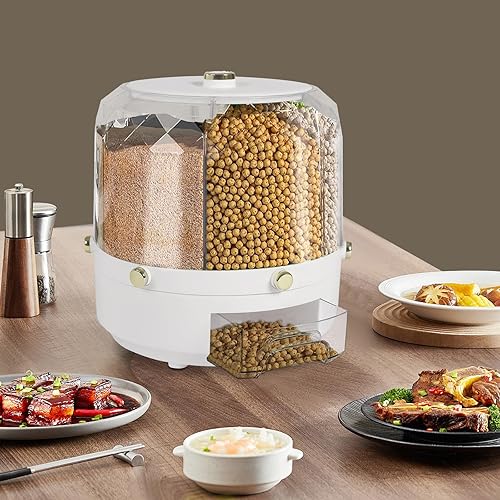 Miniatura 3 de Dispensador giratorio de arroz y granos de 360, contenedor de almacenamiento sellado de 6 compartimentos con dispensación de un botón para