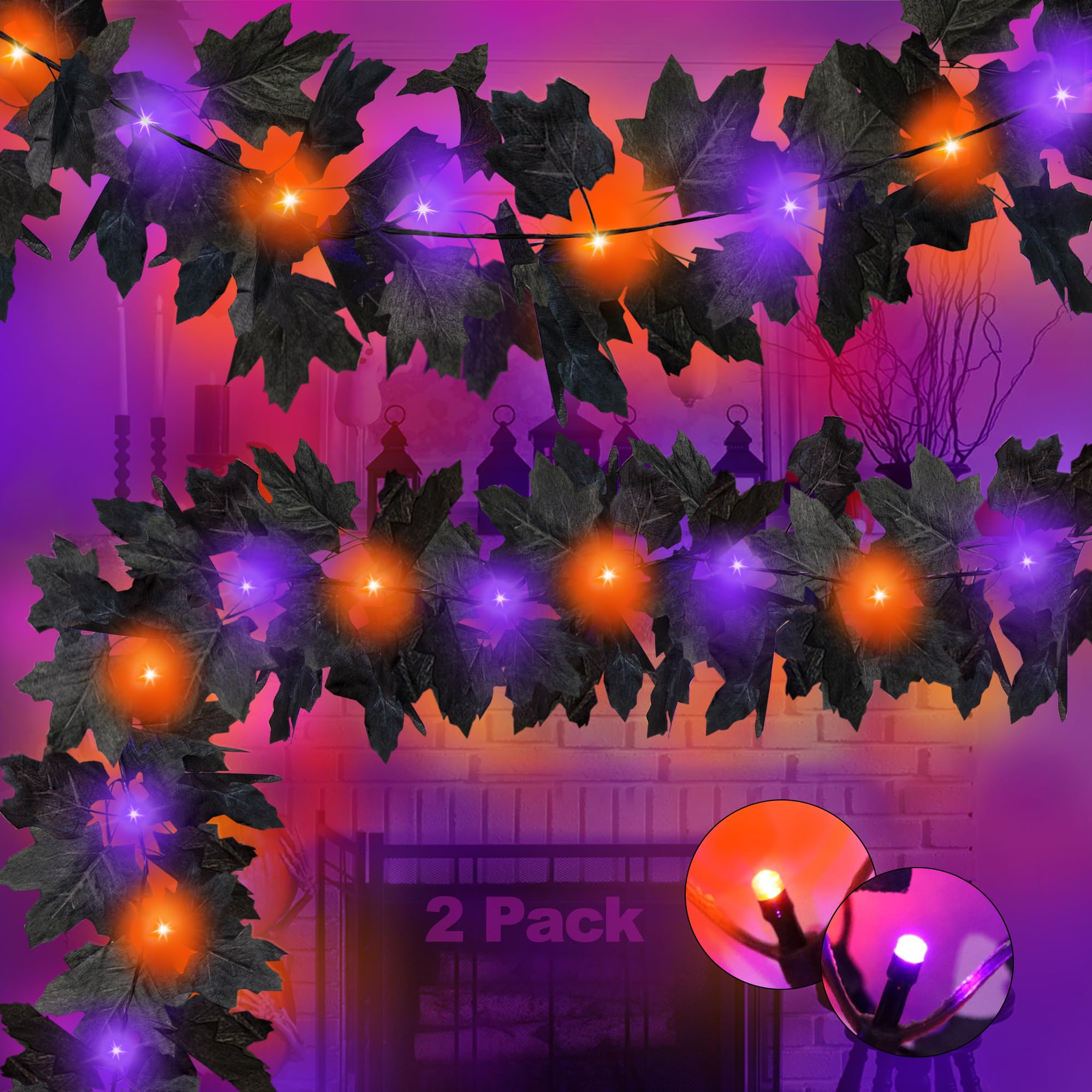 3-Pack Halloween Garland With Lights - 18Ft Total, 78 Purple & Orange LEDs, Battery Operated With Timer, Black Maple Leaf Decor For Indoor/Outdoor