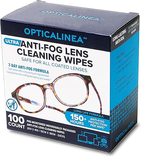 OPTICALINEA Toallitas de limpieza de lentes ultra antivaho l Toallitas antiniebla prehumedecidas para lentes, gafas de sol, gafas, pantallas, lentes