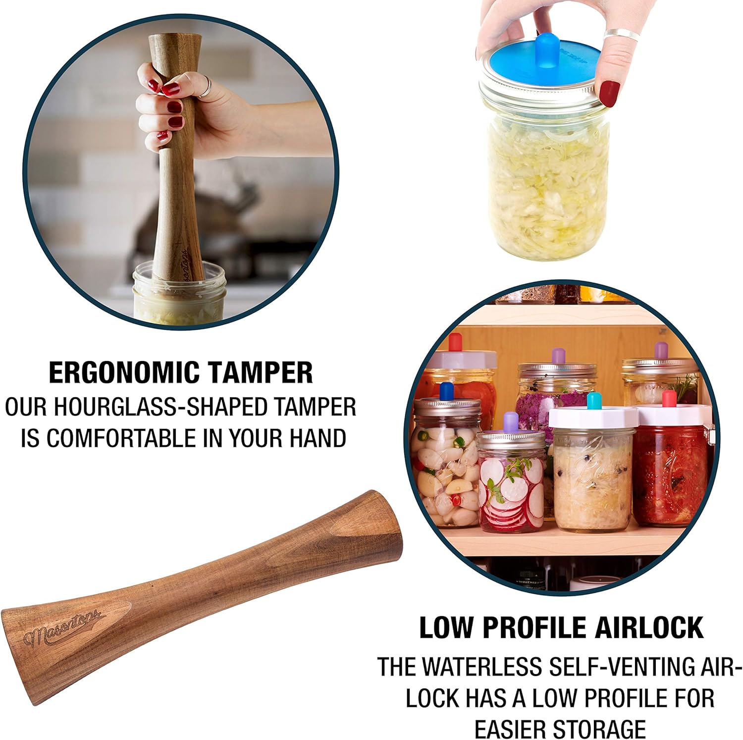Masontops Deluxe Mason Jar Fermentation Tool Set - Regular Mouth Essentials - Silicone Pipe Lids Plus Weights And Tamper