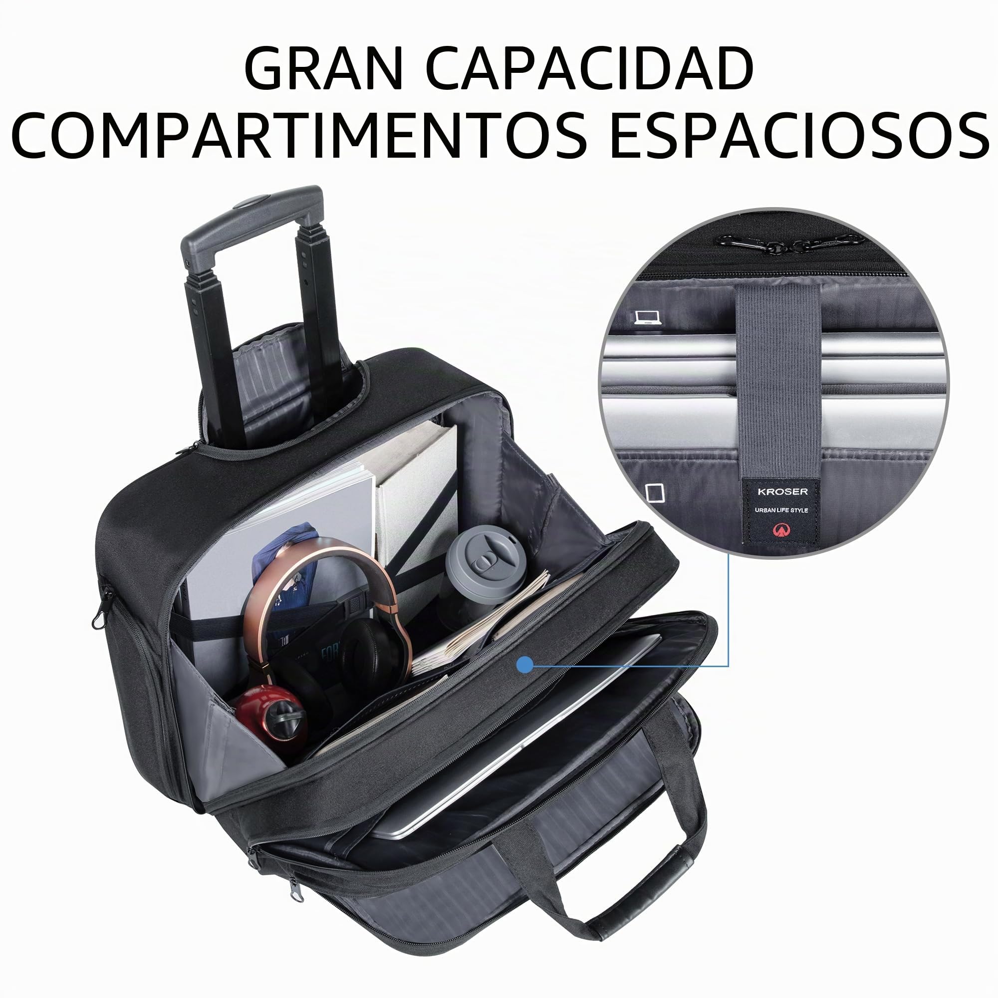 KROSER - Maletín con Ruedas para portátiles de hasta 17,3 Pulgadas, Impermeable, con Bolsillos RFID, para Viajes, Escuela, Hombres y Mujeres, Color Negro