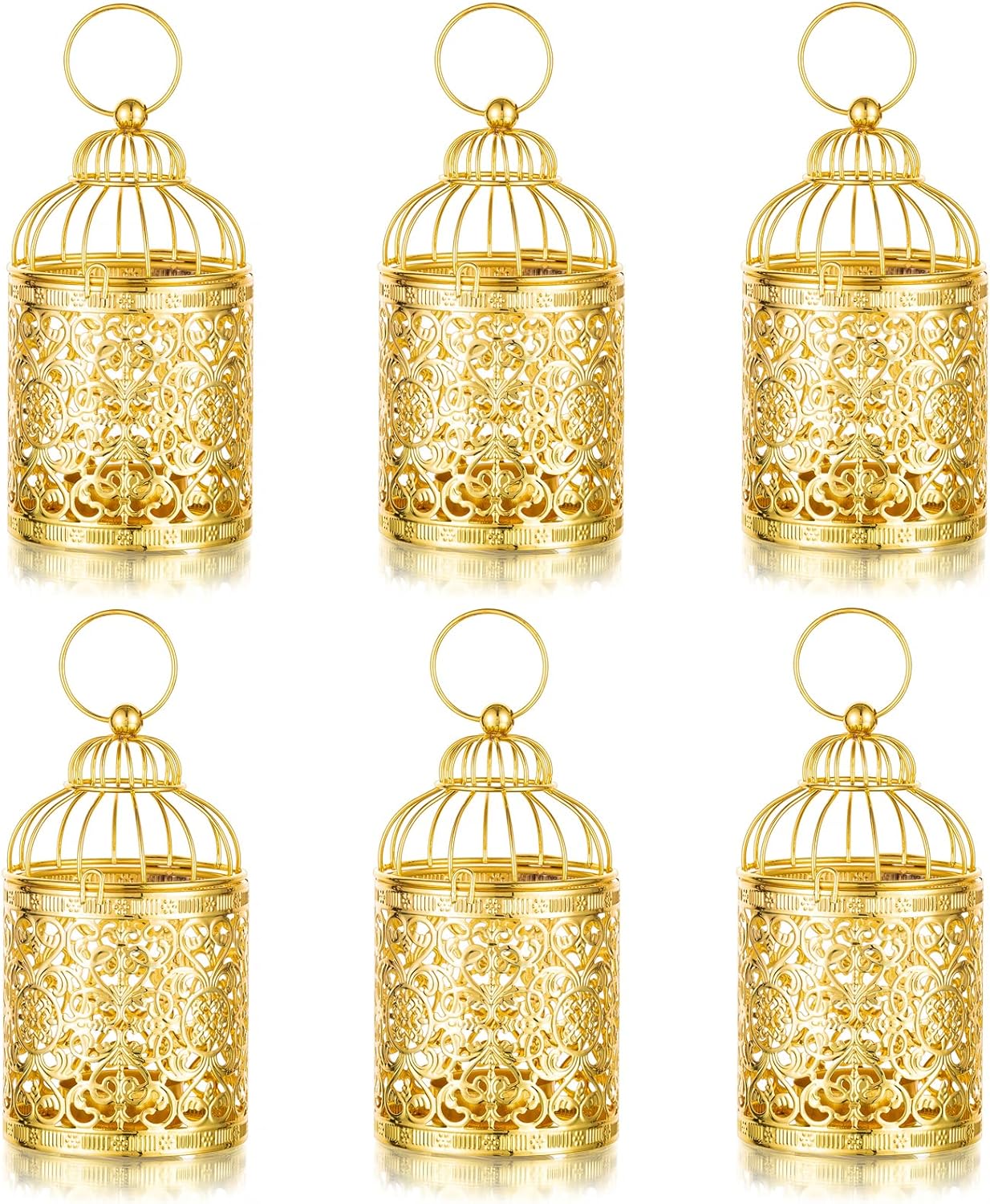 Sziqiqi Candelabros Tealight de Metal - 6 Piezas Pequeño Portavelas Colgante Linterna De Jaula Centro de Mesa Decoración para Boda Fiesta Navidad Patios, Oro