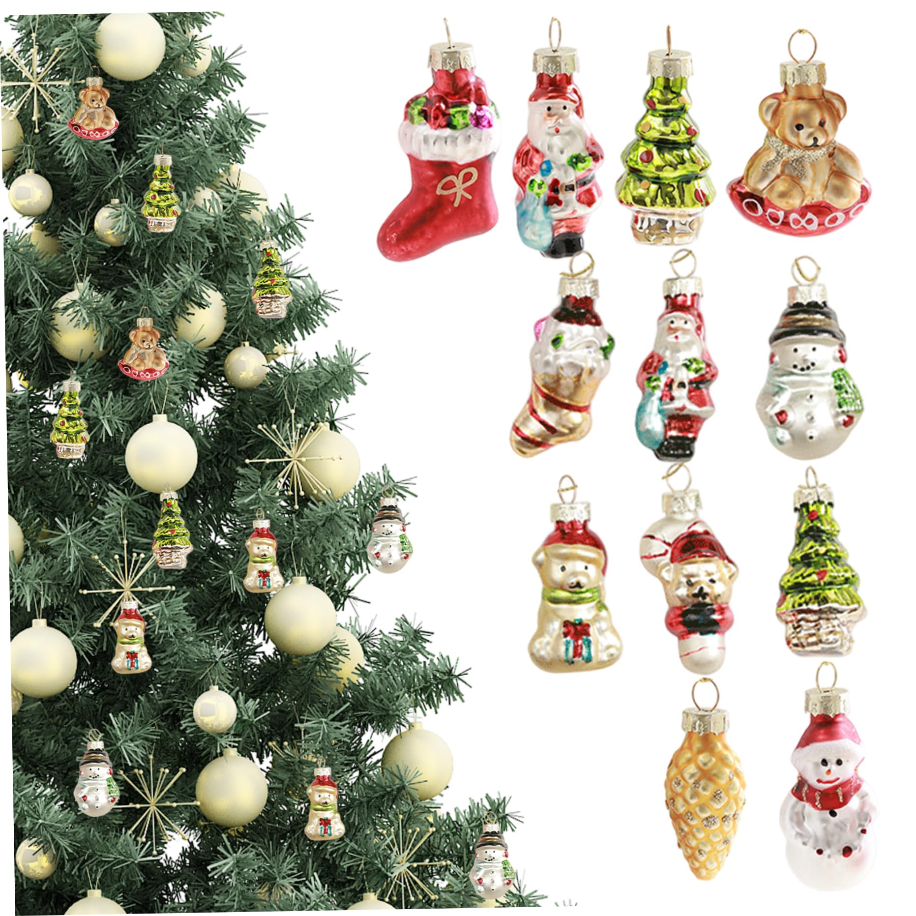 CAKEEYUM 12Pcs Christmas Tree Ornaments Colourful Mini Glass Baubles with Rope Hanging Vintage Christmas Ornaments for Xmas Tree Party Decorations Set, Set