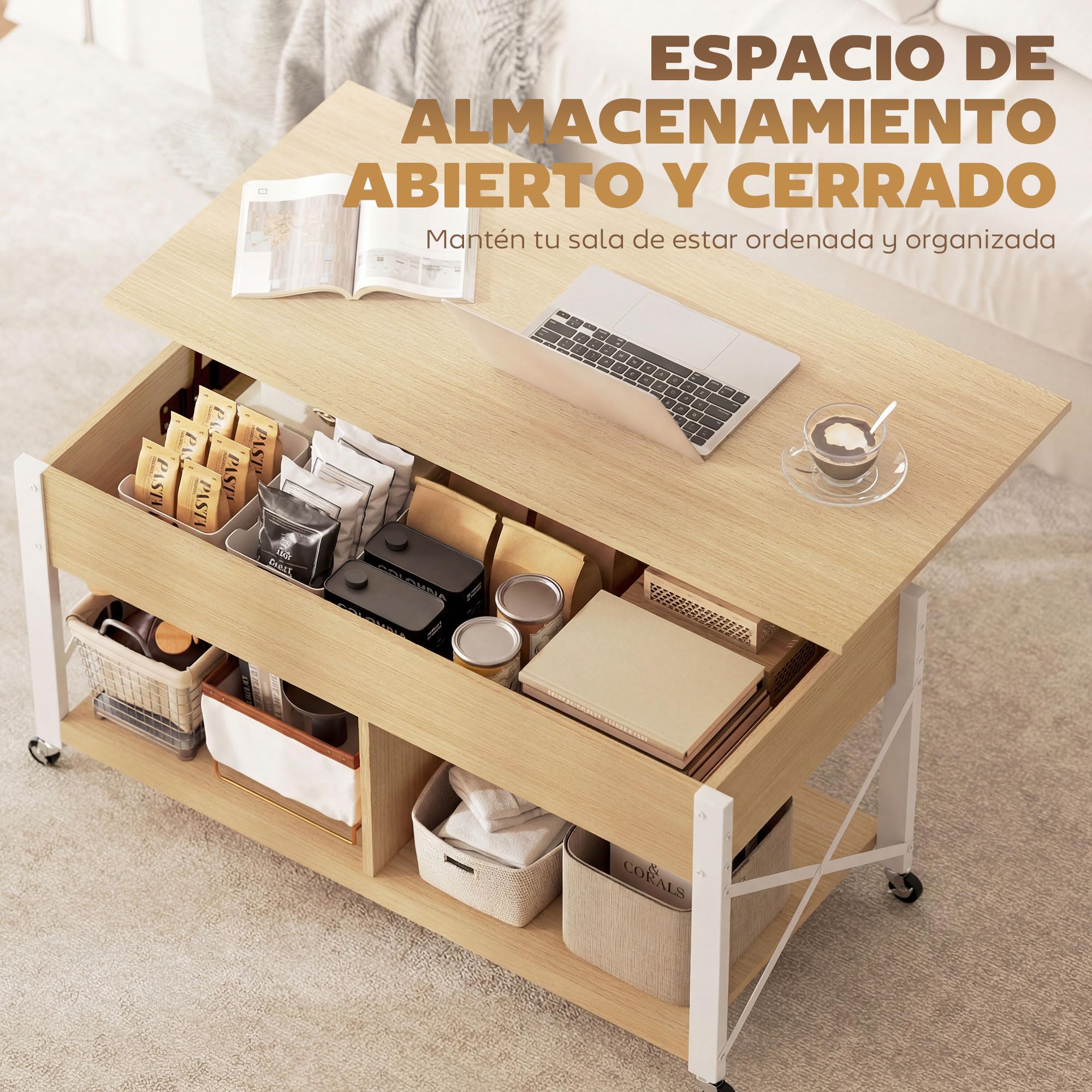 HOMCOM Mesa de Centro Elevable con Ruedas 105x50x67 cm Natural y Blanco | Mesita de Salón con Compartimento Oculto, Estantes Abiertos, Mesa de Café para Comedor, Oficina