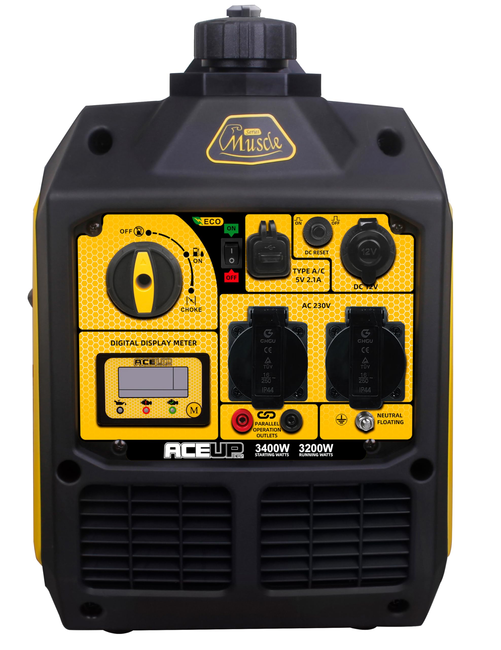 Aceup Energy - Grupo electrógeno de gasolina, 3400W generador de emergencia portátil silencioso con pantalla digital, modo ecológico, para acampar, exterior, uso doméstico, viajes en RV