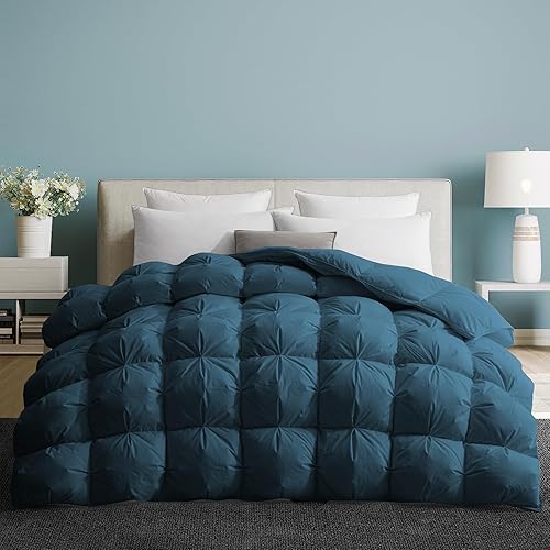 UNIKOME Goose Feather Down Comforter with Pinch Pleat Design - All Season Duvet Insert with 100% Cotton Cover, Cloud-Like Fluffiness, (Queen, Navy,90"X90")