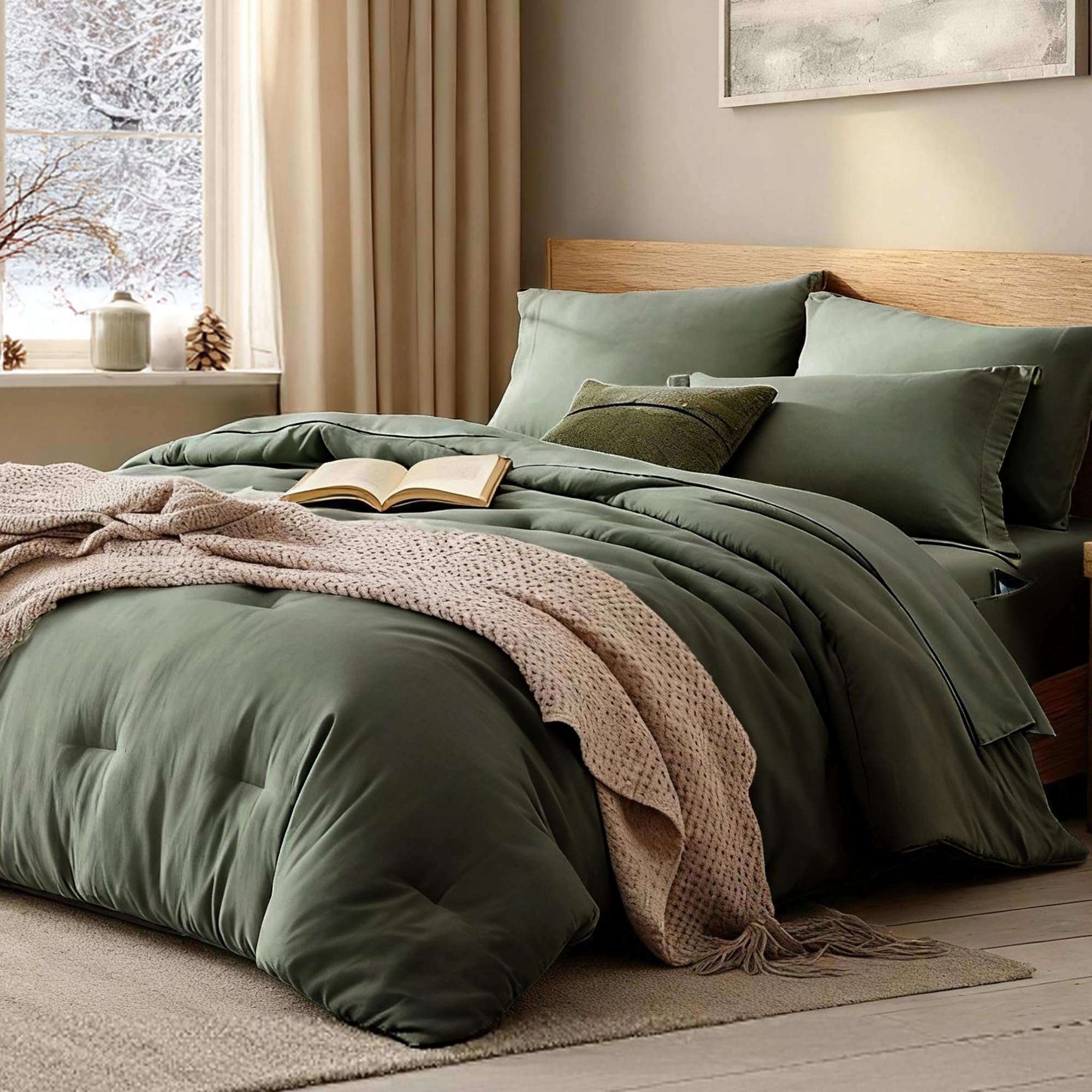 SIMILAR WRENSONGE King Size Comforter Set- 7 Pieces Soft Olive Green Bed in a Bag King with Fitted Sheet, Flat Sheet, 2 Pillow Shams, and 2 Pillowcases-Warm King Bedding Set for All Season Alpine Olive Green 7Pcs-King(102"*90")