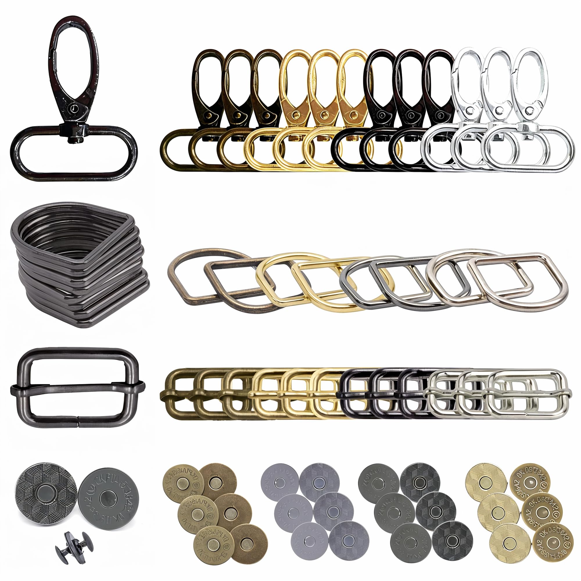 Trimming Shop 160 llaveros a granel, cierres giratorios a presión, cierre de mosquetón con anillos en D, hebillas deslizantes trideslizantes, gancho para llavero, botones magnéticos para bolsos,