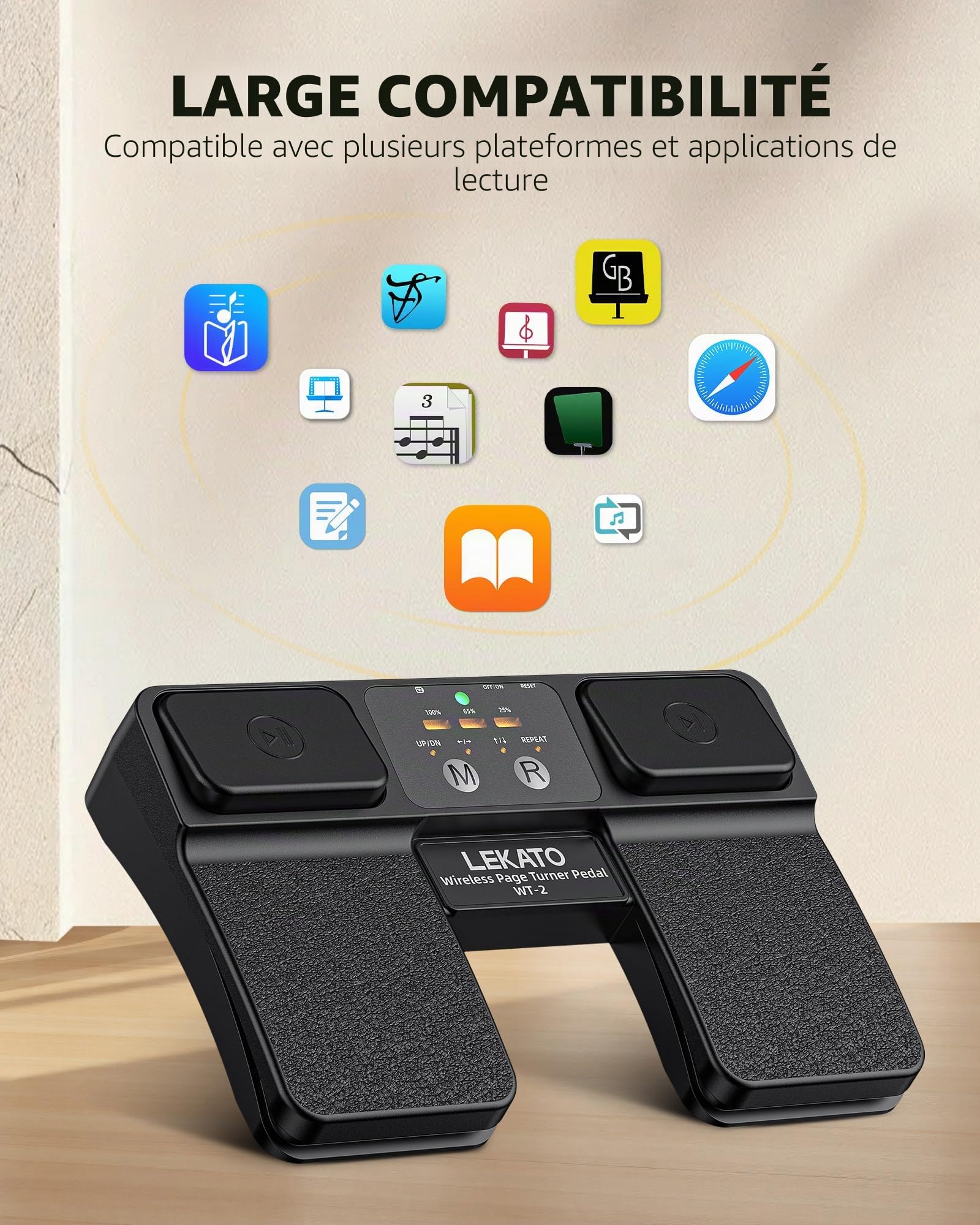 LEKATO Pédale Bluetooth sans fil, contrôle de piste/affichage de batterie, pédale rechargeable pour partitions, téléphone, tablette, iPad, performance en direct (WT-2)