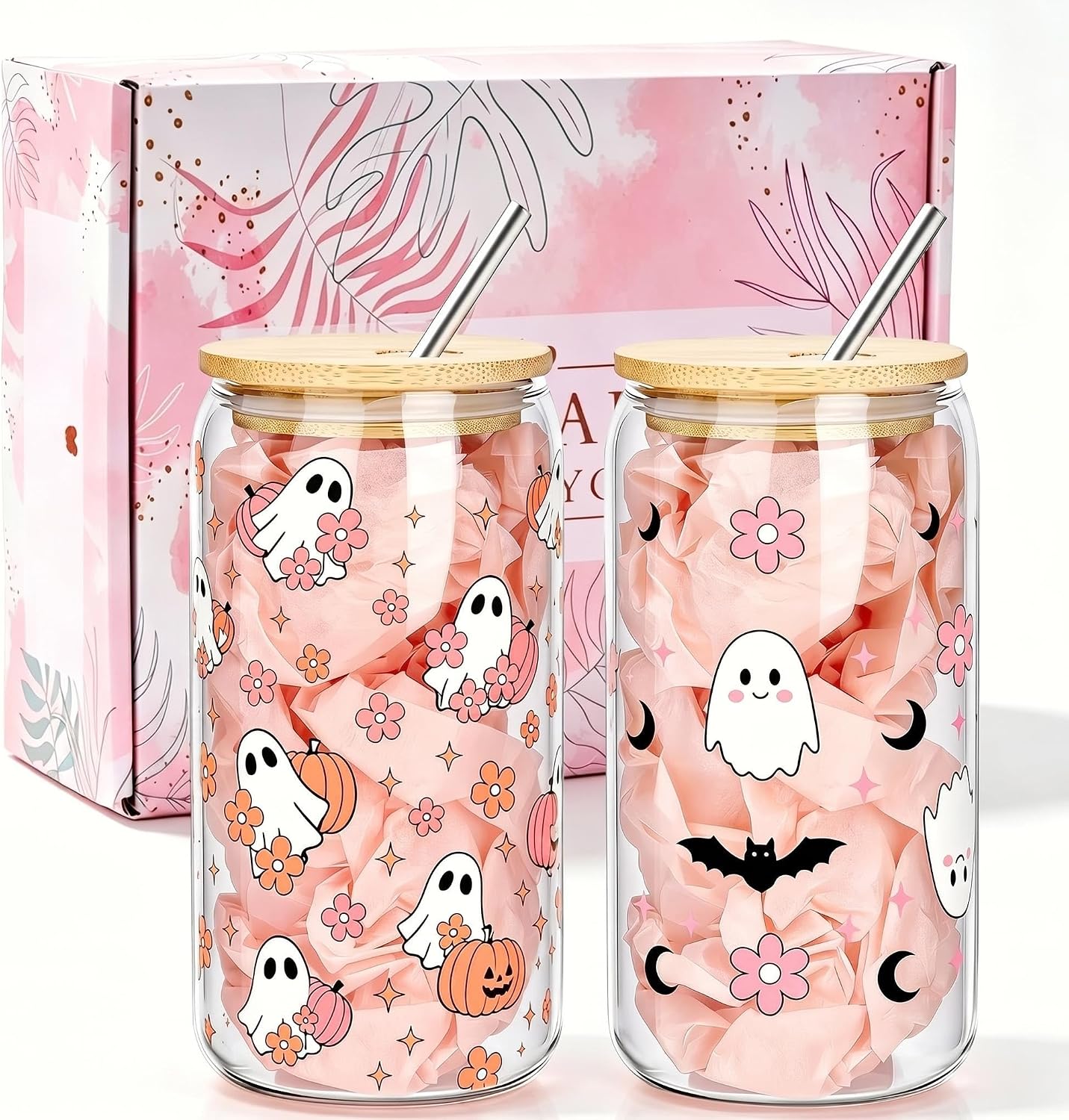 Halloween Gifts Cute Ghost Pumpkin 16oz Glass Cups Set with Lids and Straws