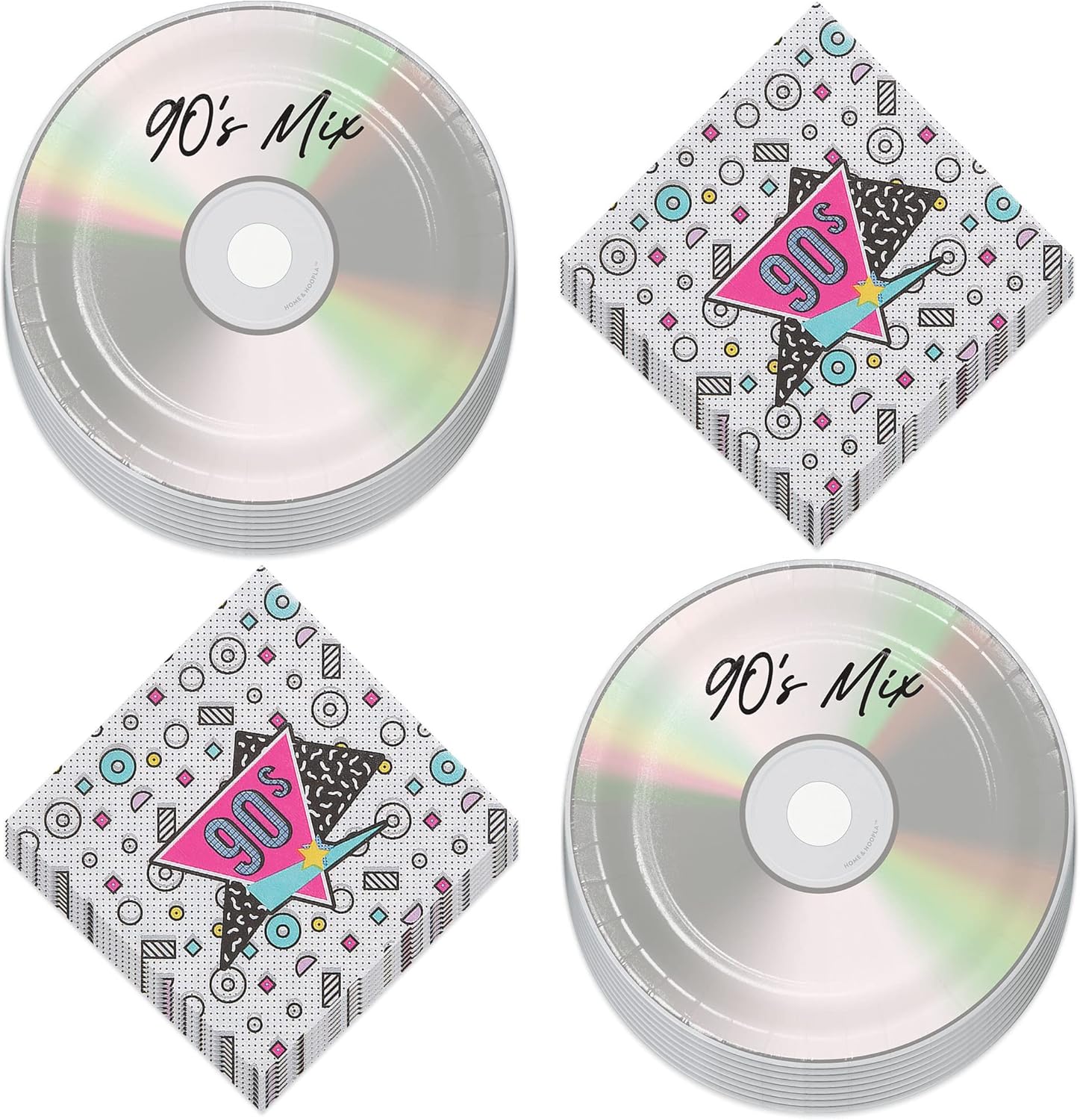 90's Party Supplies Round Dessert Size 90's Mix CD Paper Plates and Geomtric