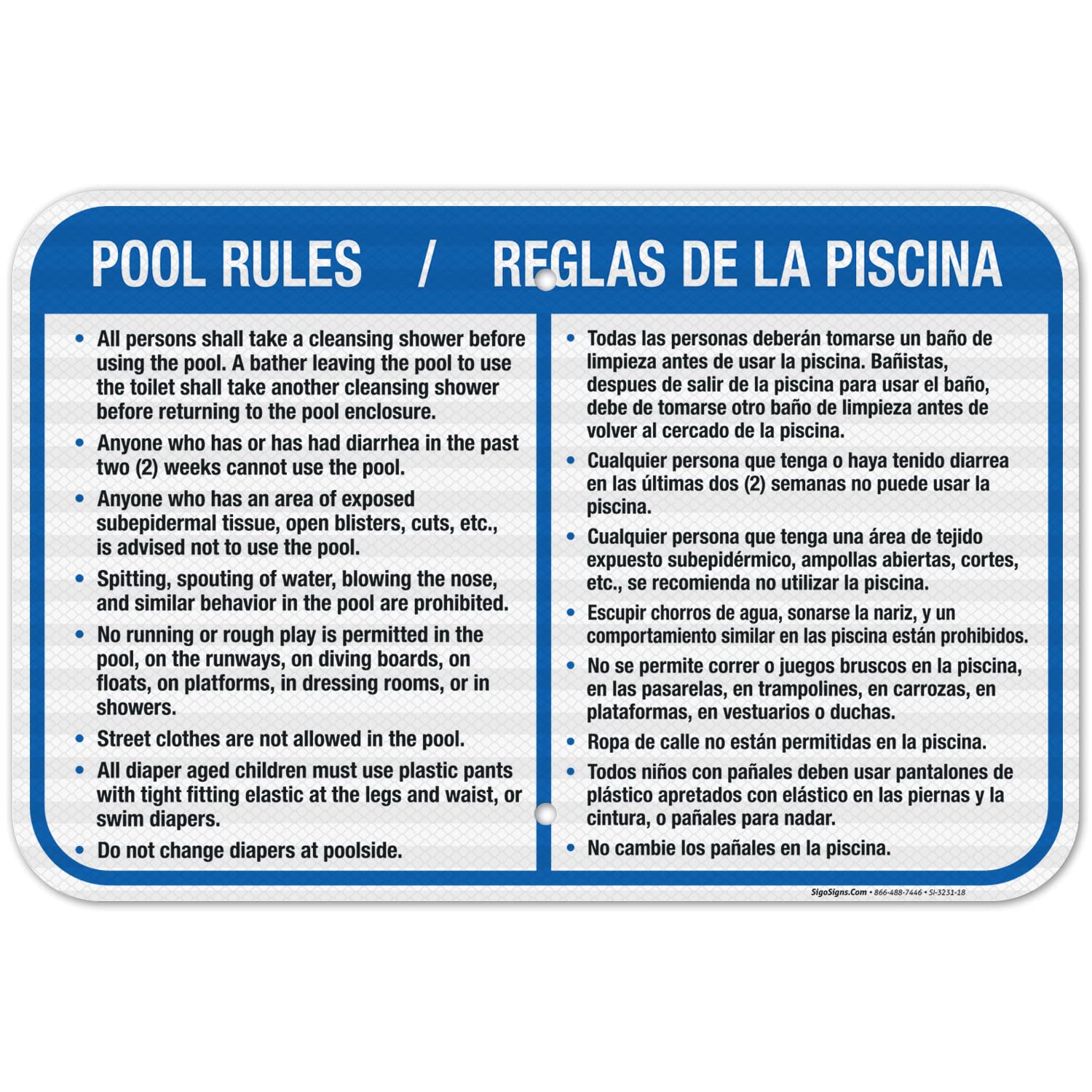 Pool Rules Bilingual Sign, Spanish English, 12x18 Inches, 3M EGP Reflective .063 Aluminum, Fade Resistant, Easy Mounting, Indoor/Outdoor Use, Made in USA